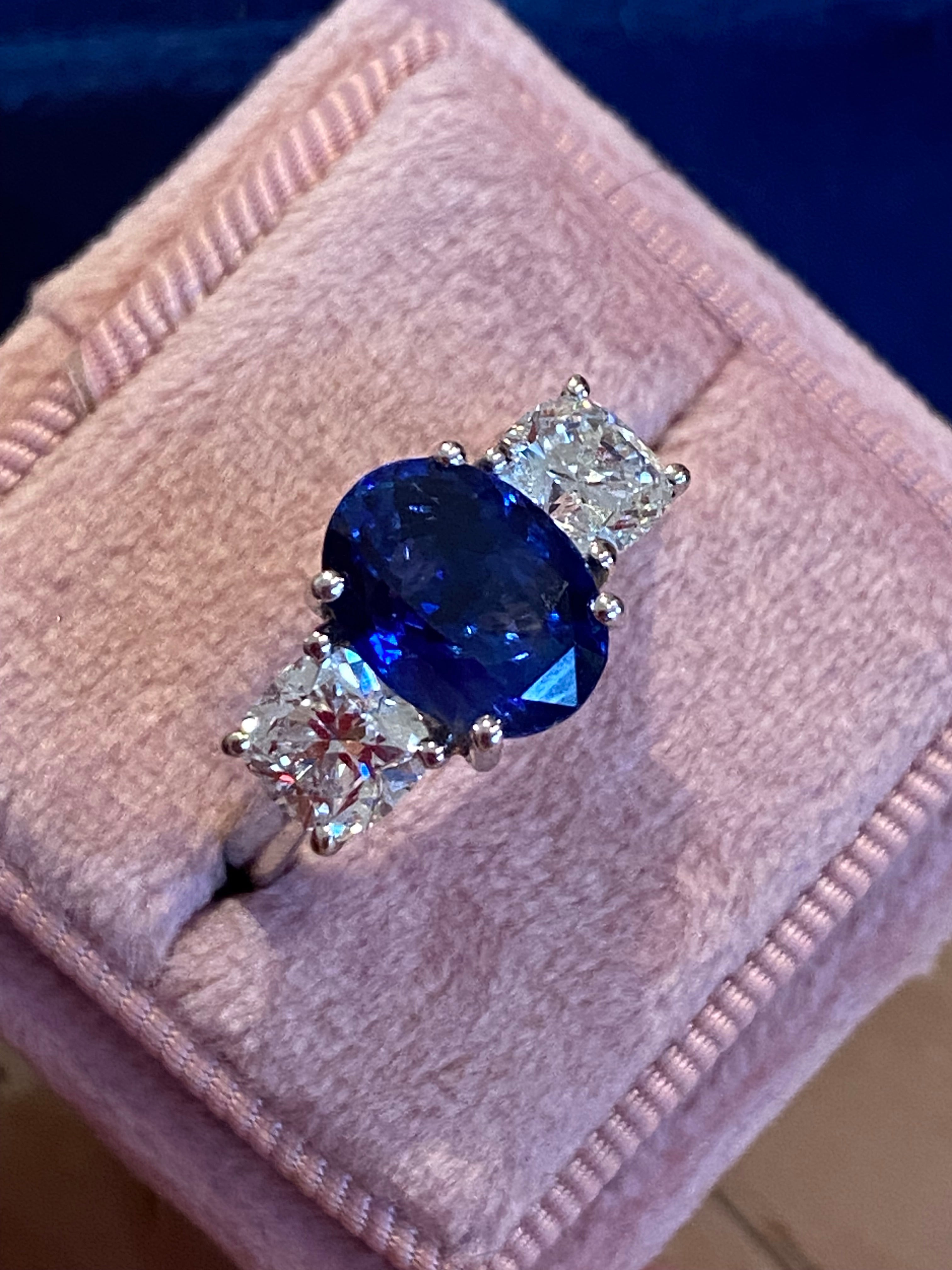 4.33 CTW Blue Ceylon Sapphire and Natural Diamond Three Stone Engagement Ring in Platinum