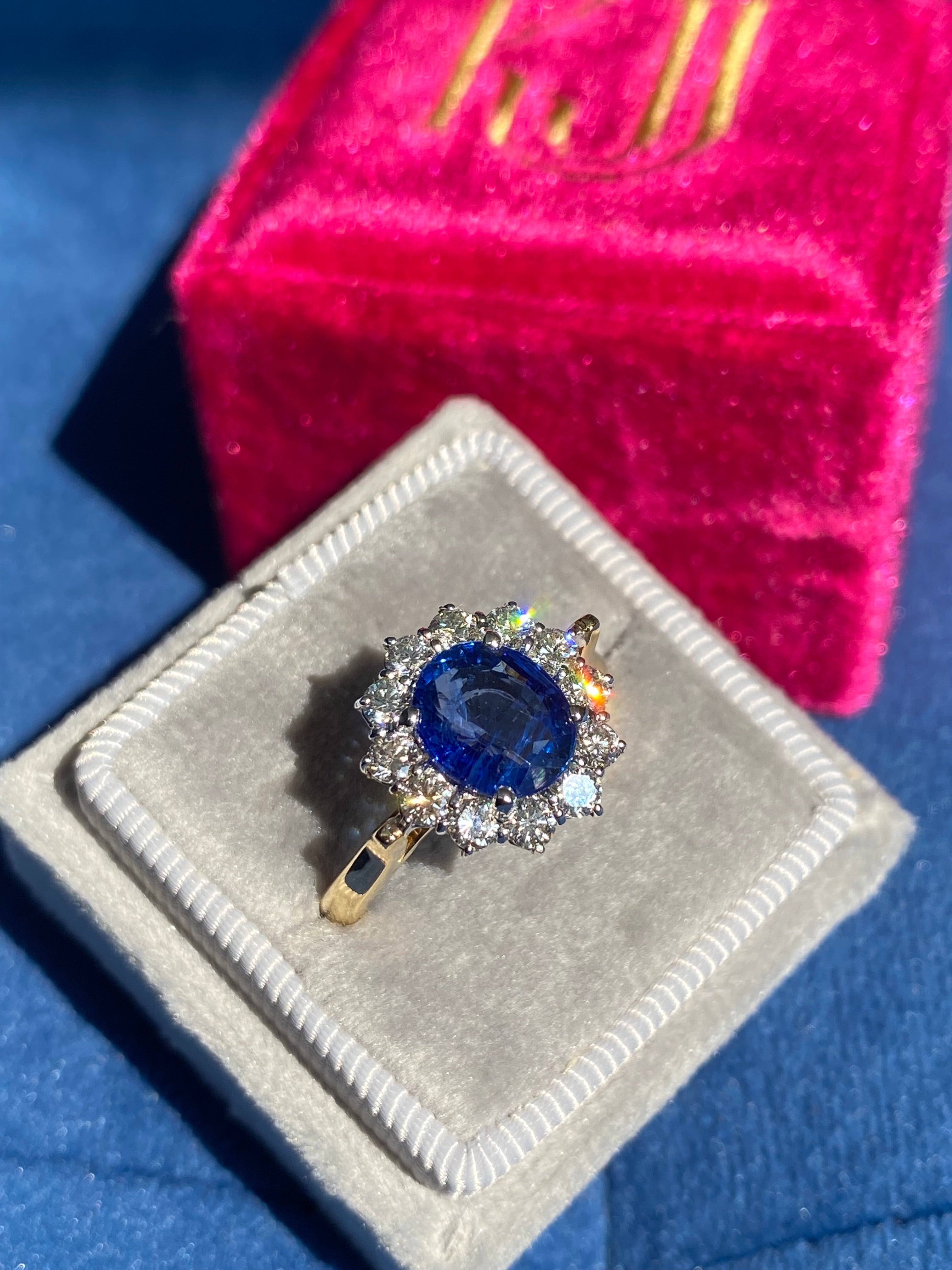 3.31 CTW Ceylon Sapphire and Natural Diamond Halo Ring in 18ct Gold