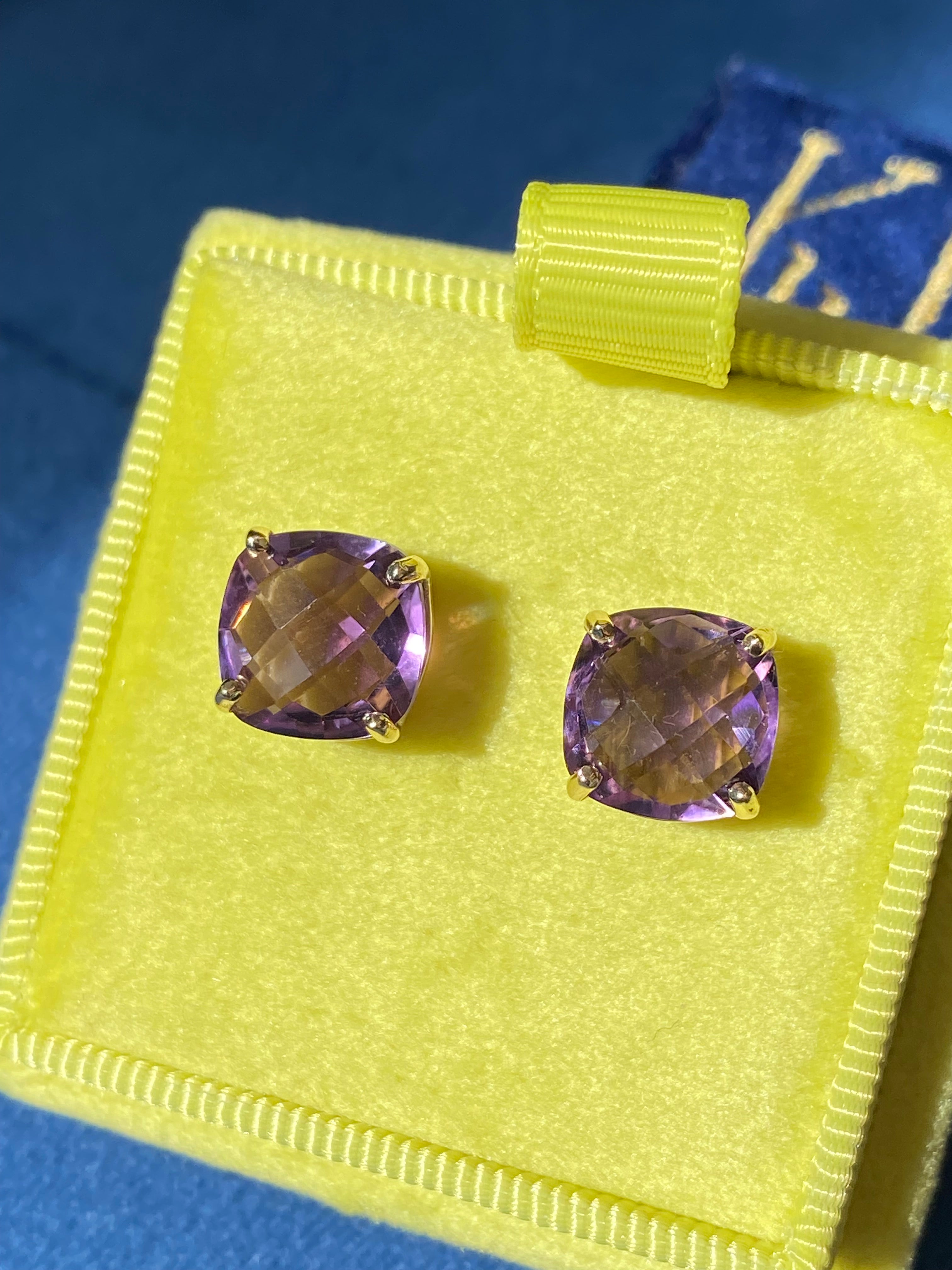 Cushion Chequerboard Cut Rose De France Amethyst Stud Earrings in 9ct Yellow Gold