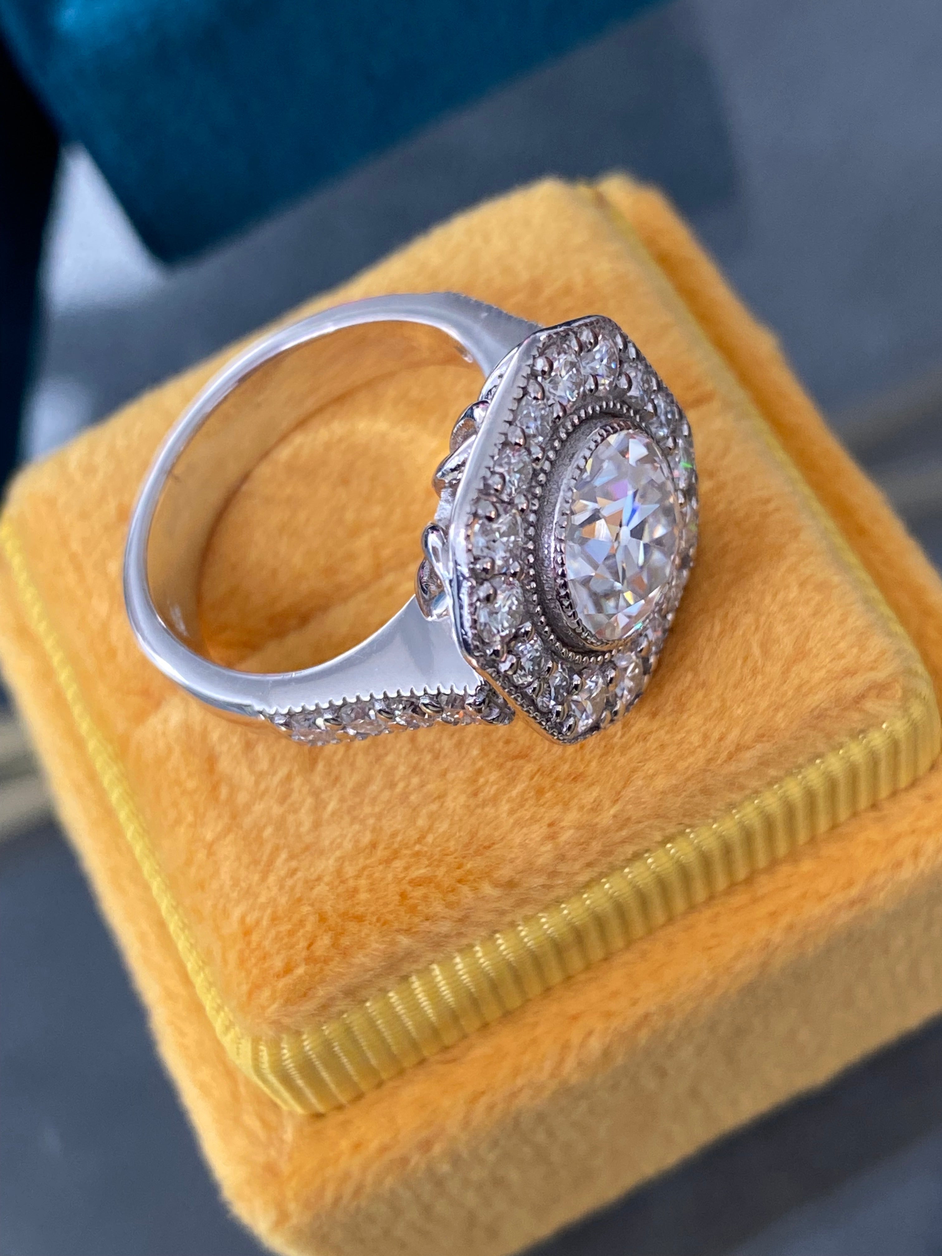 3.00 CTW Old Cut Moissanite Art Deco Style Halo Engagement Ring in Sterling Silver