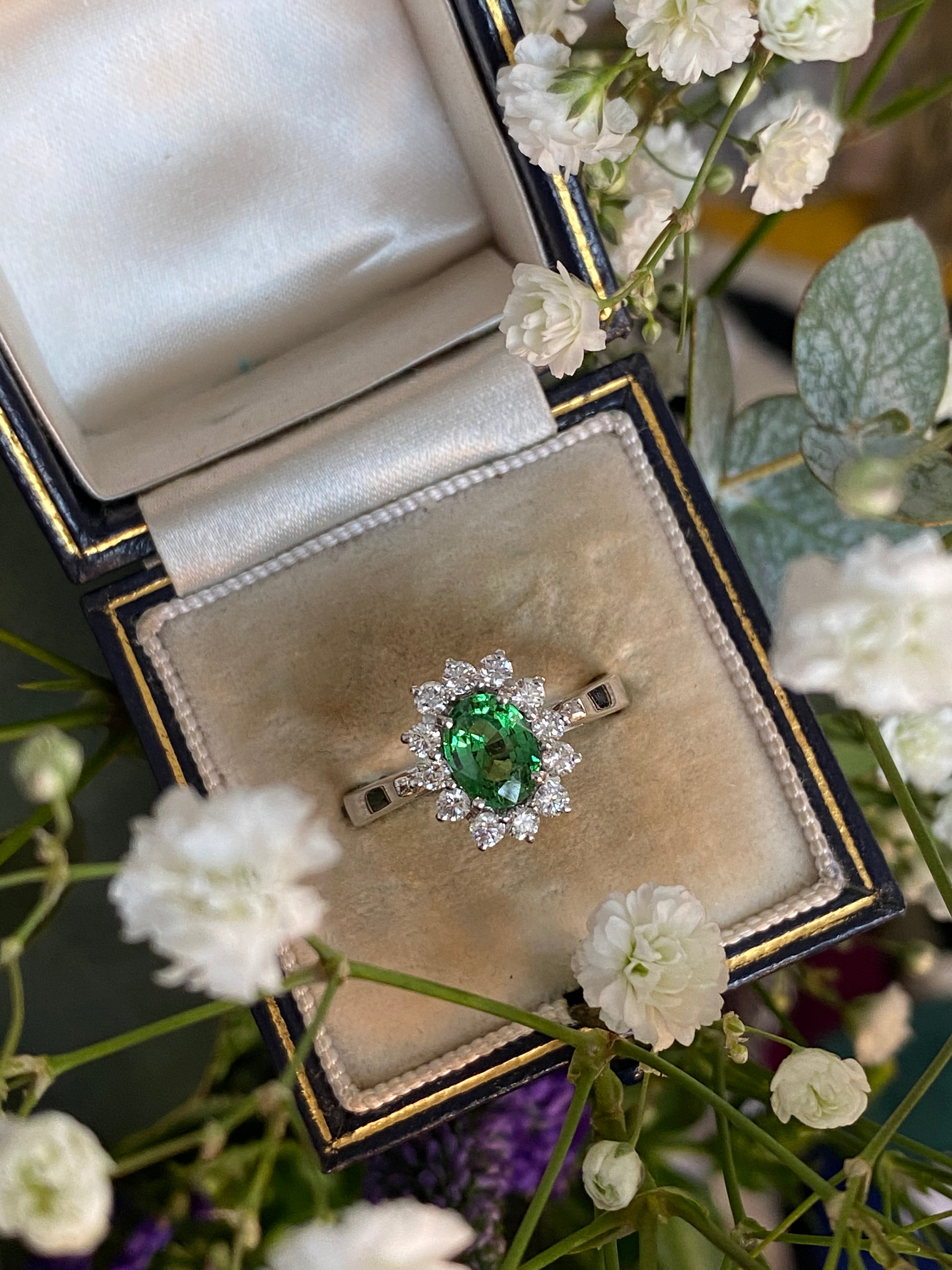 1.50 CTW Tsavorite Garnet and Diamond Halo Engagement Ring in 18ct White Gold