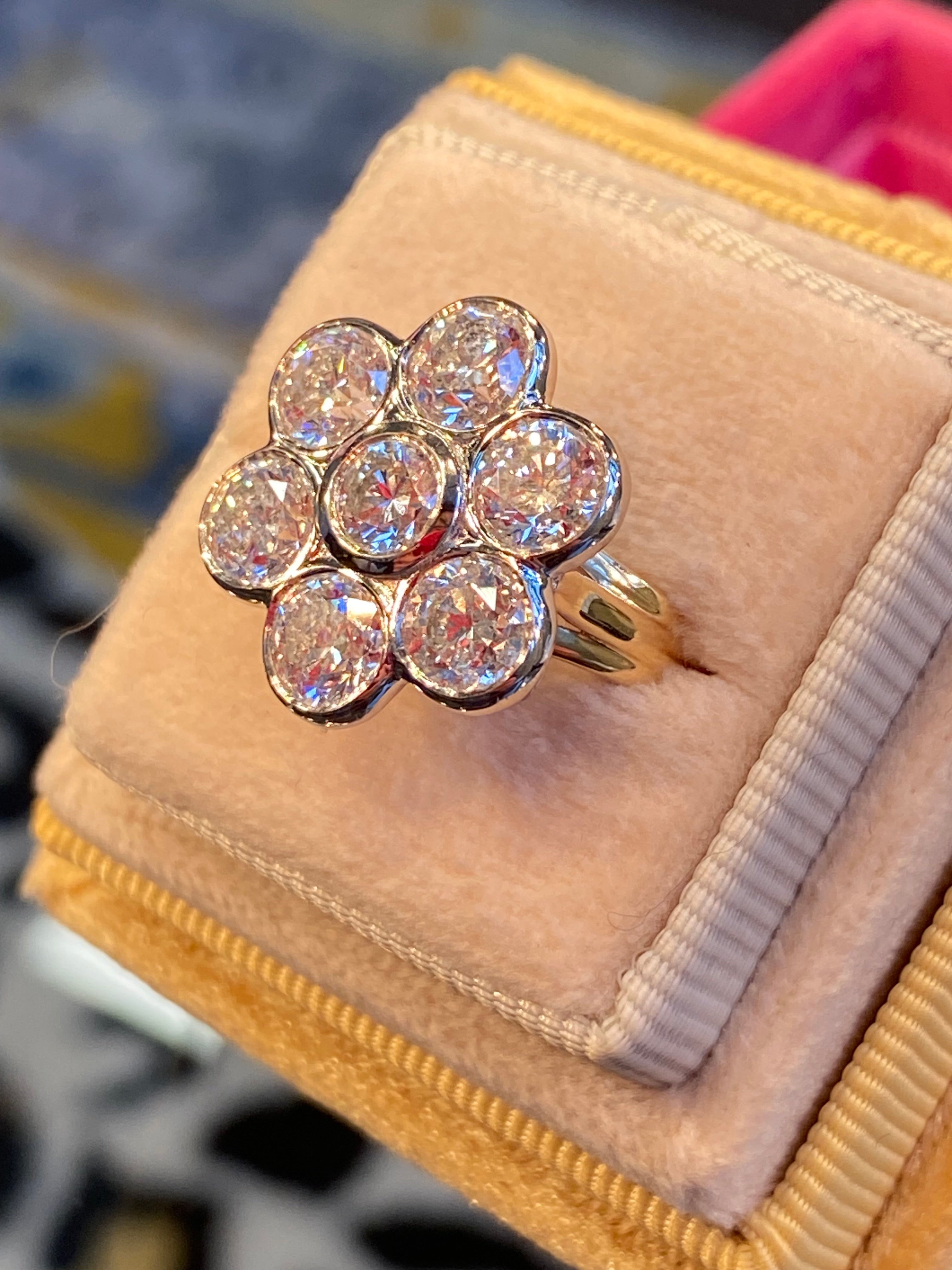 Vintage 4.07 CTW Natural Diamond Daisy Cluster Ring in Platinum and 18ct Yellow Gold