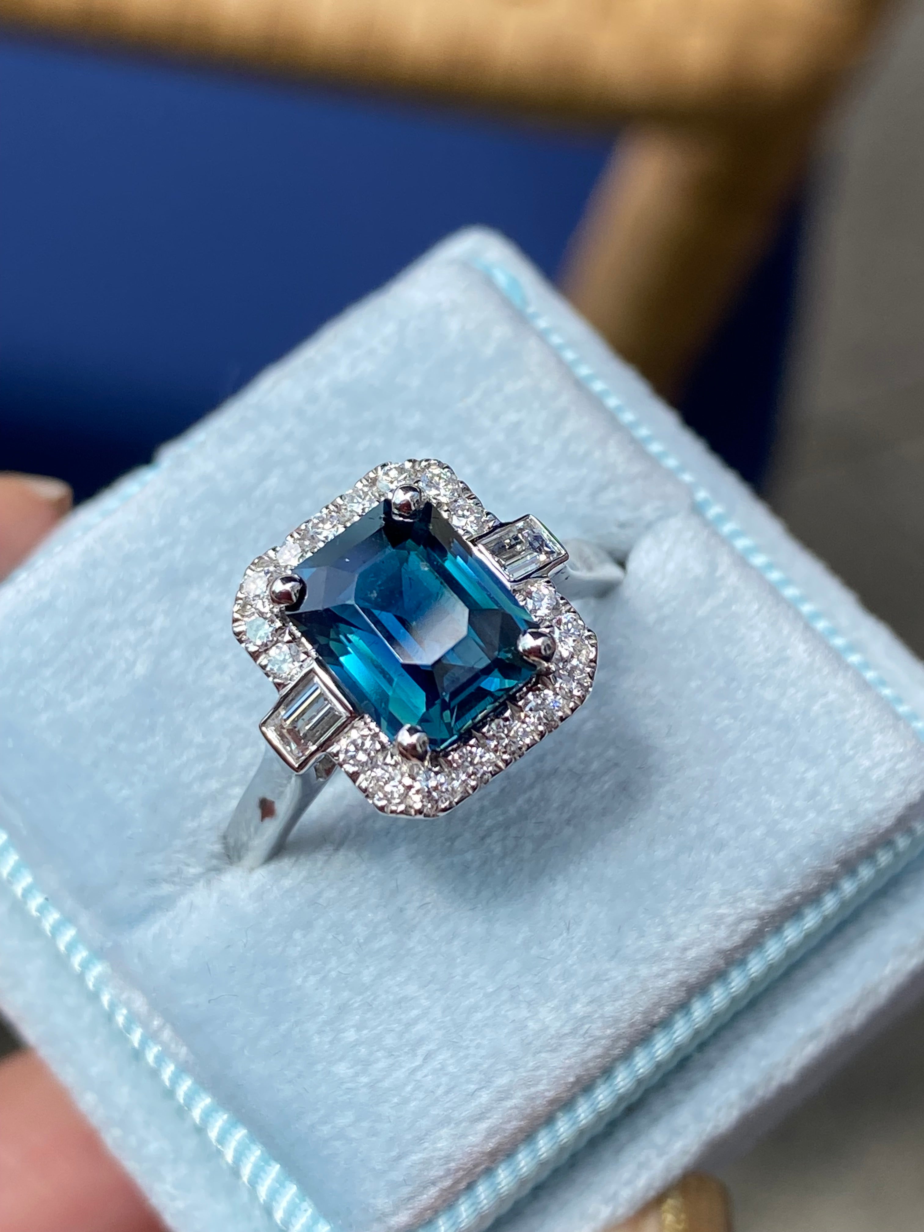 2.52 Carat Emerald Cut Teal Sapphire and Natural Diamond Halo Ring in Platinum