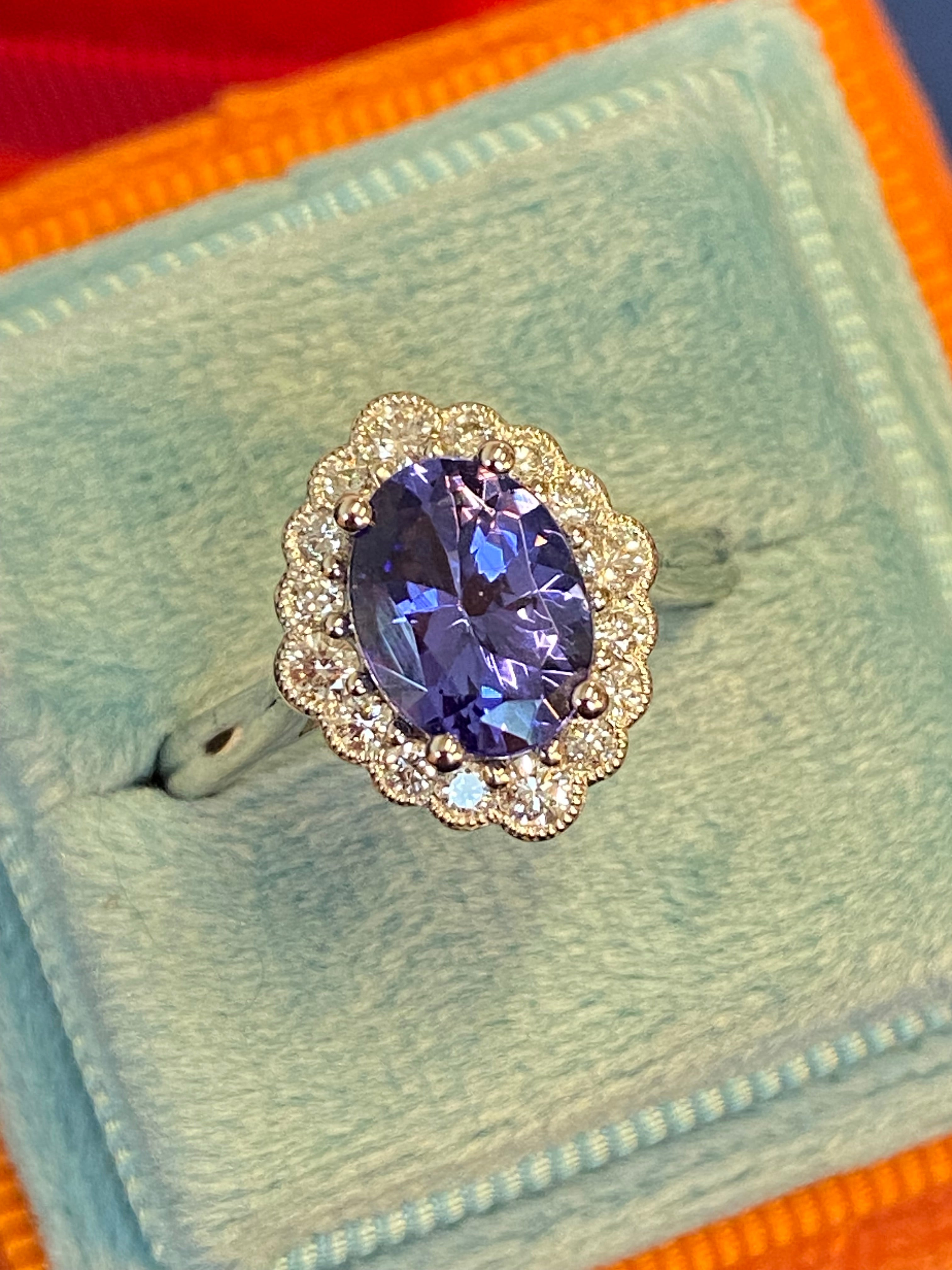 1.99 CTW Tanzanite and Natural Diamond Halo Ring in Platinum