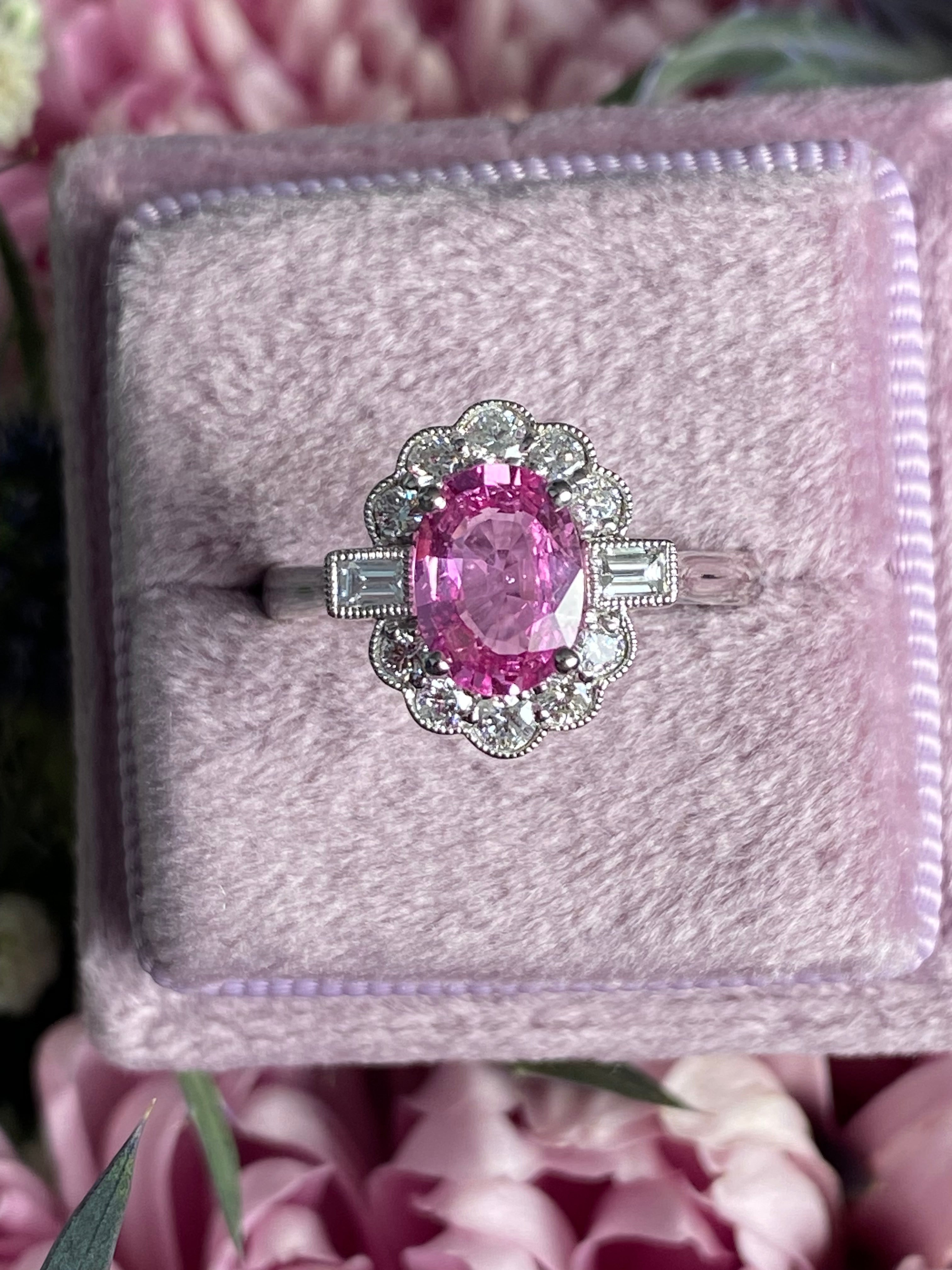 1.76 CTW Pink Sapphire and Diamond Art Deco Style Ring in Platinum