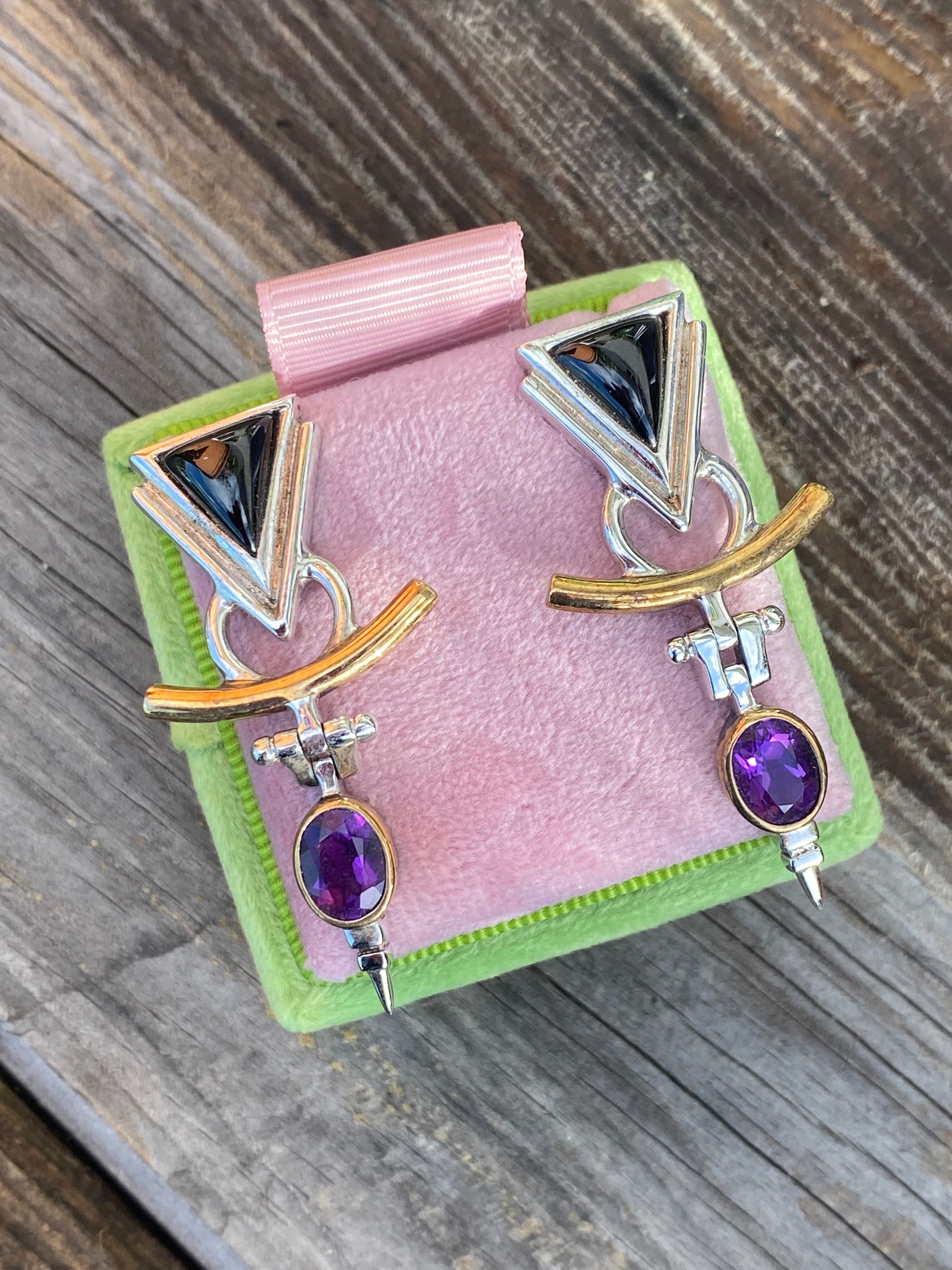 Statement 1980’s Amethyst and Black Onyx Earrings in Sterling Silver and 18ct Yellow Gold