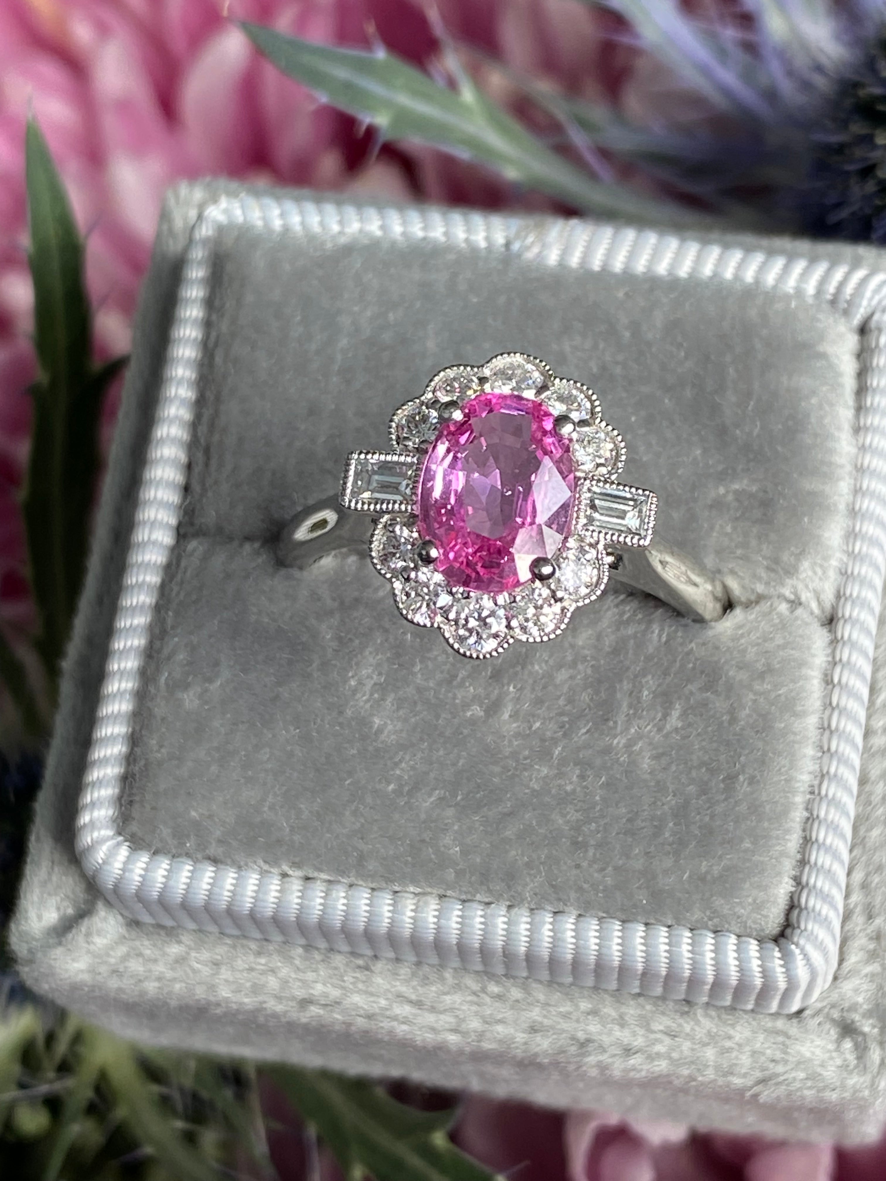 1.76 CTW Pink Sapphire and Diamond Art Deco Style Ring in Platinum