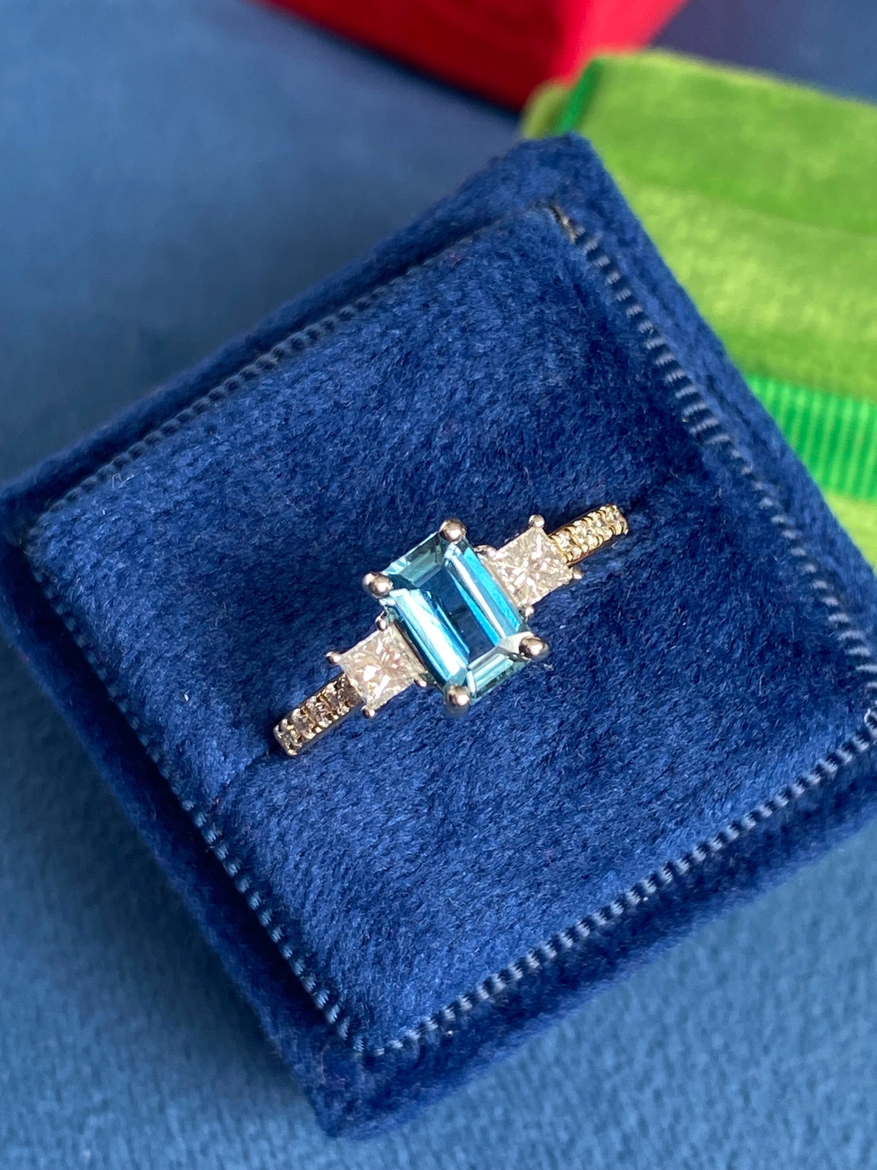 1.18 CTW Aquamarine and Natural Diamond Three Stone Ring in Platinum and 18ct Yellow Gold