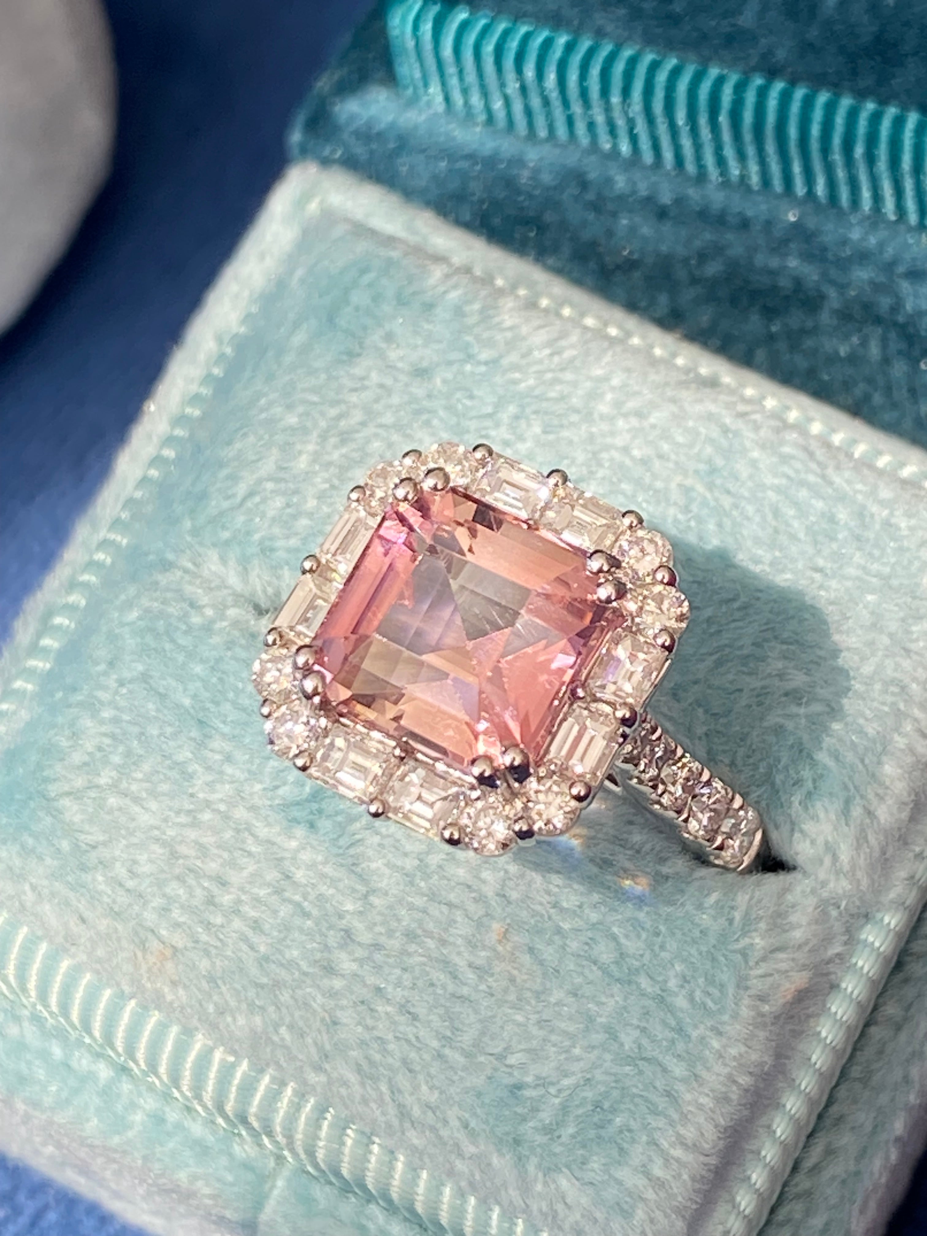 4.71 CTW Emerald Cut Pink Tourmaline and Natural Diamond Halo Ring in Platinum