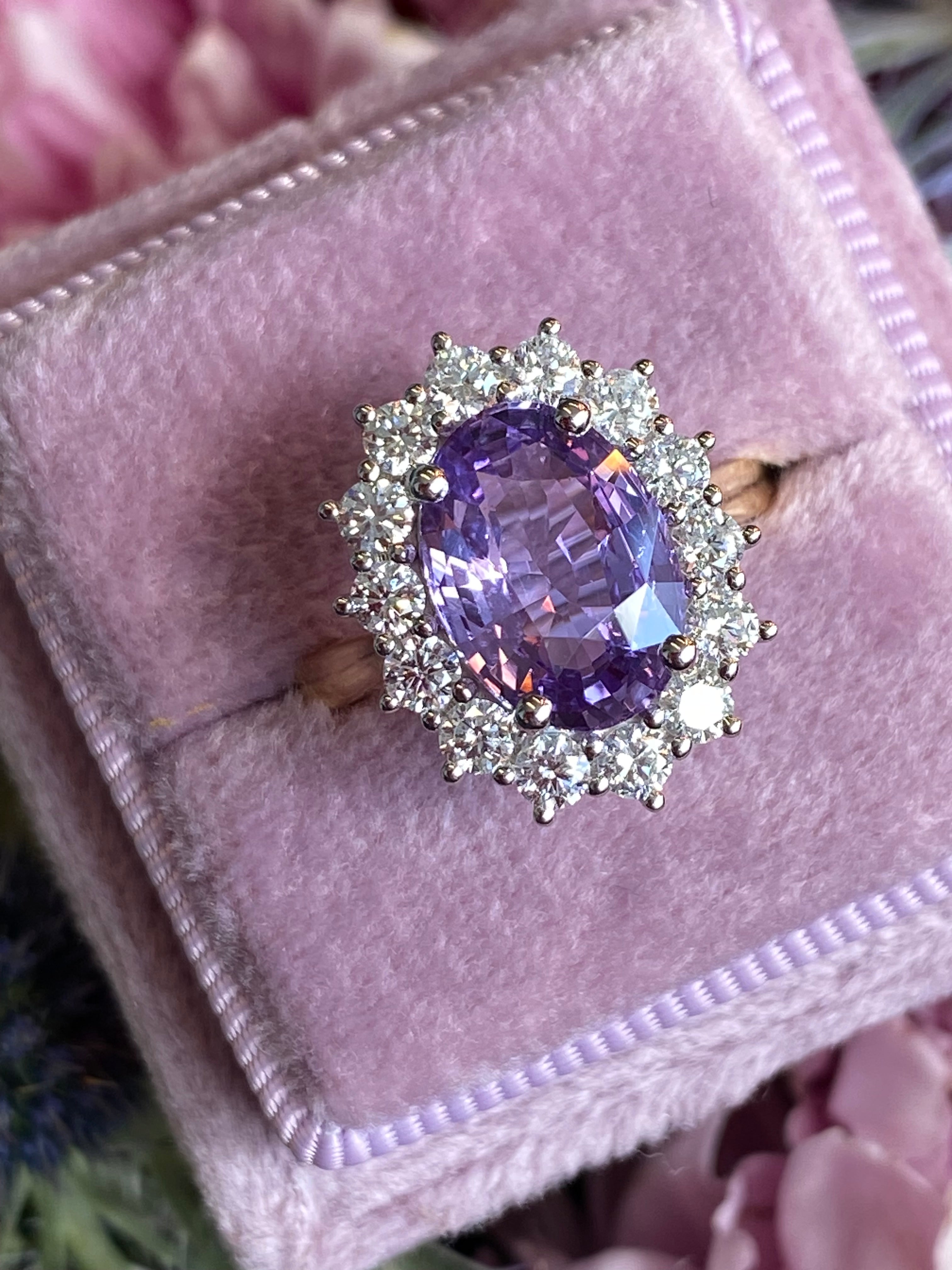 3.52 Carat No Heat Purple Sapphire and Natural Diamond Halo Ring in Platinum and 18ct Yellow Gold