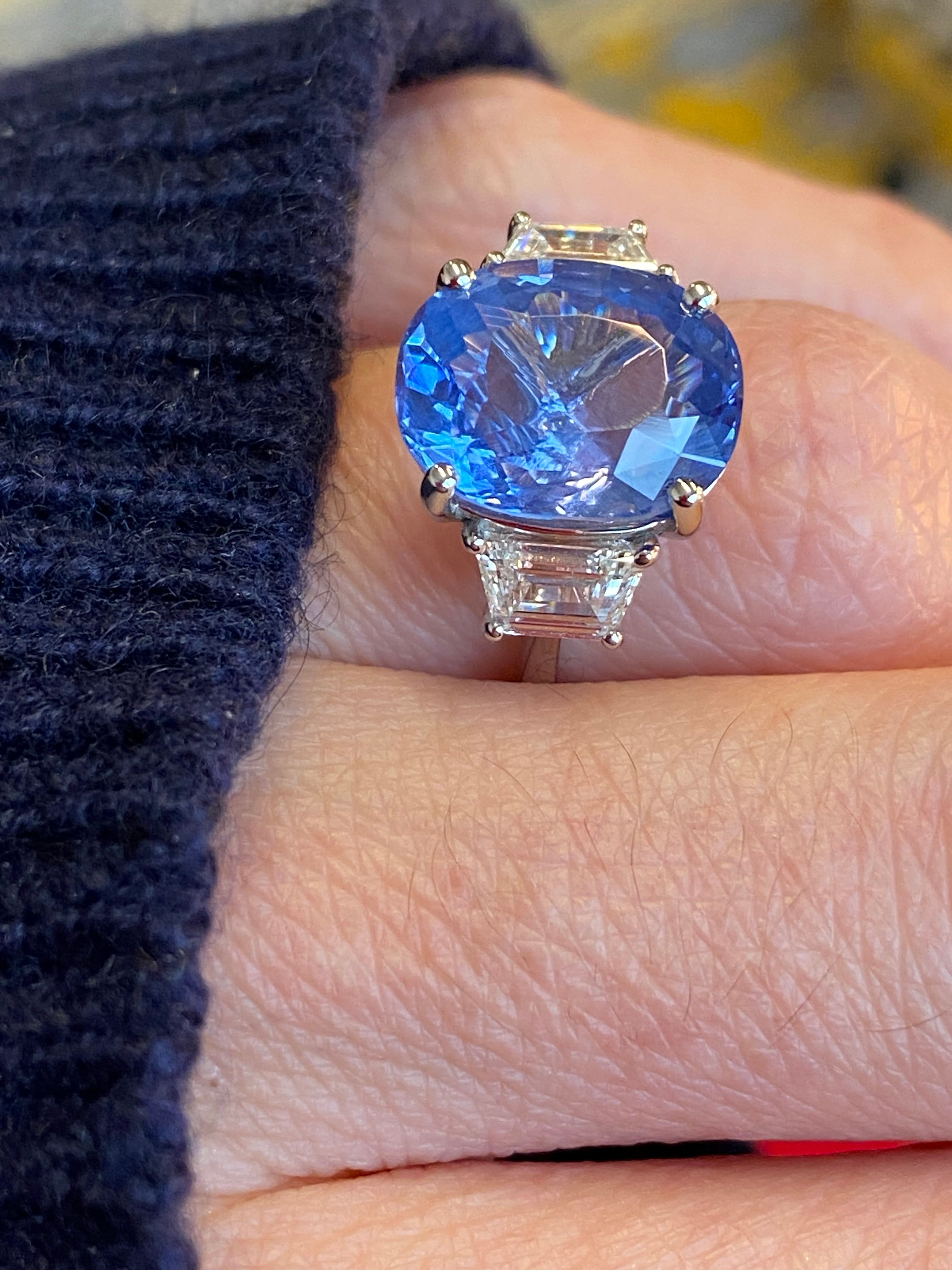 6.25 Carat Unheated Blue Ceylon Sapphire and 0.95 Carat Diamond Ring
