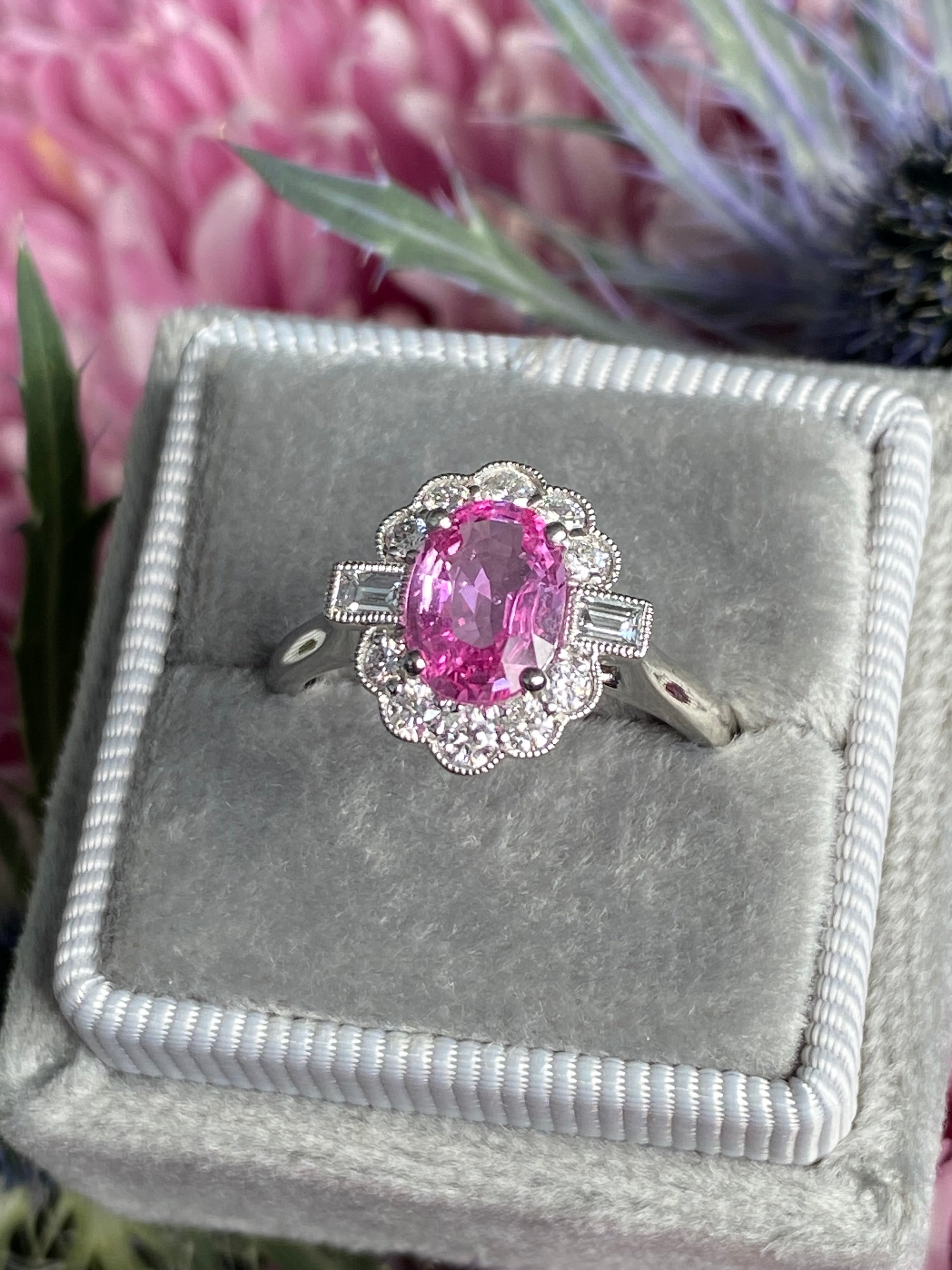 1.76 CTW Pink Sapphire and Diamond Art Deco Style Ring in Platinum