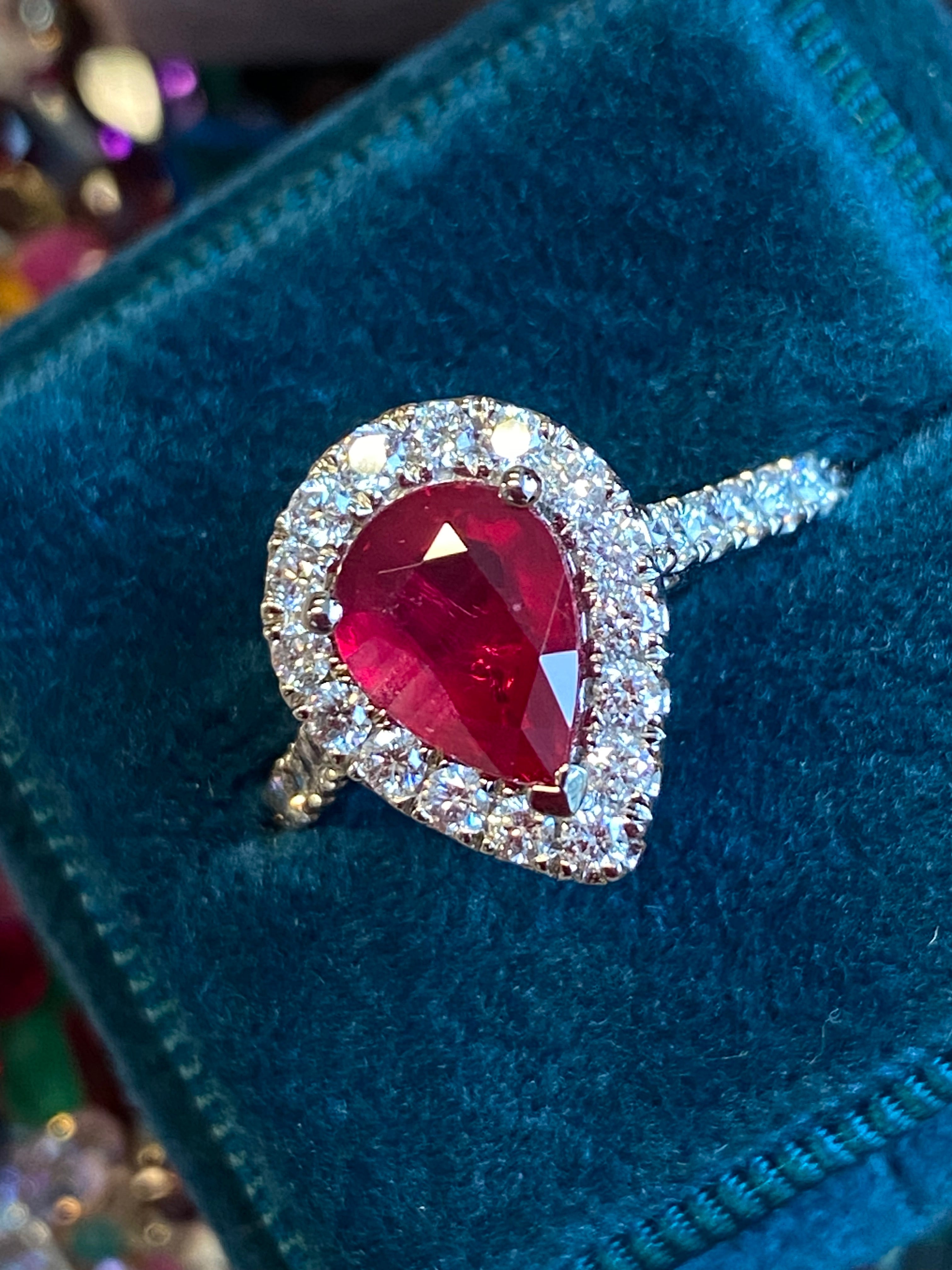2.08 CTW Pear Cut Ruby and Natural Diamond Ring in Platinum