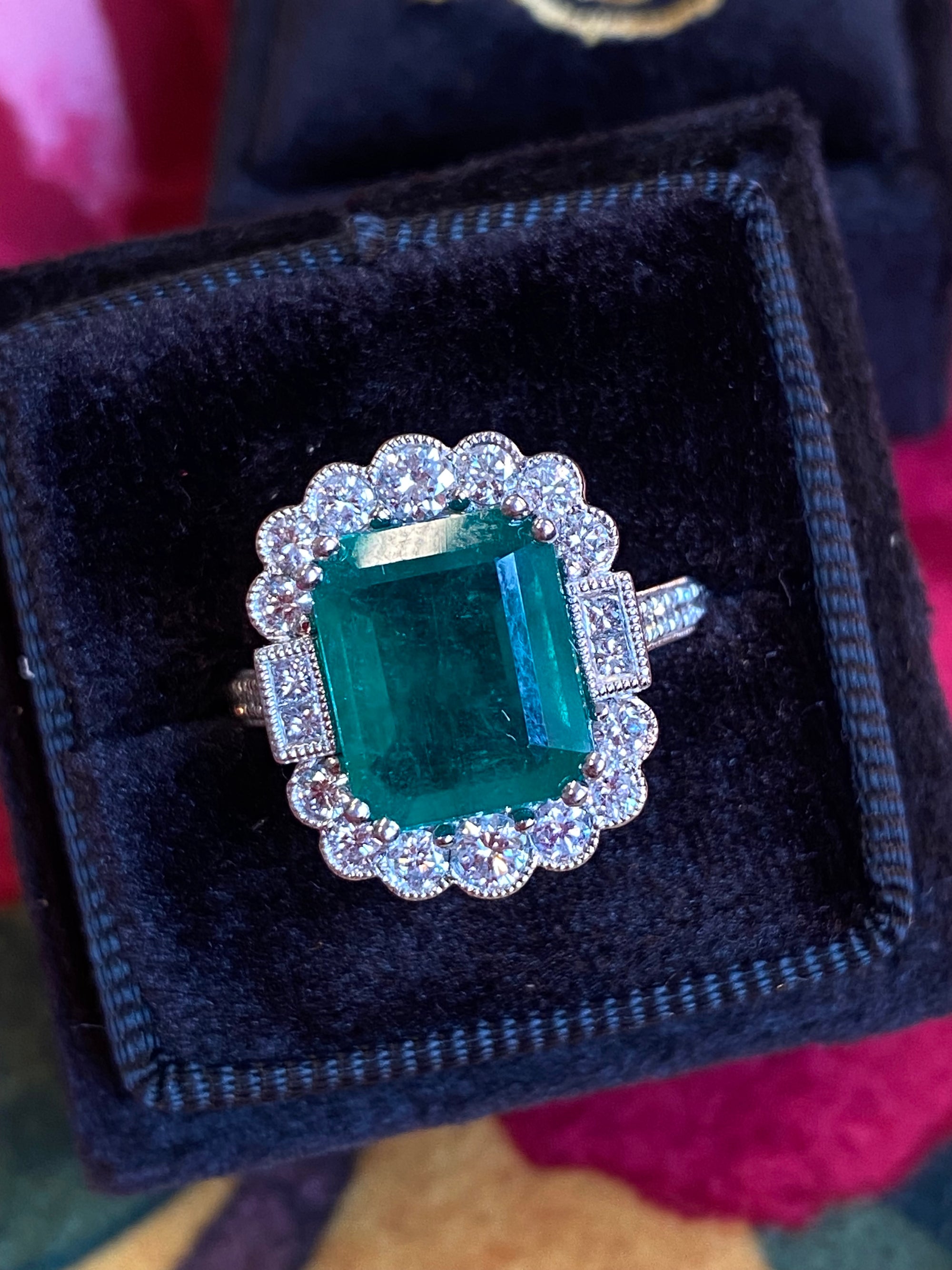 3.88 Carat Emerald and Natural Diamond Halo Ring in Platinum