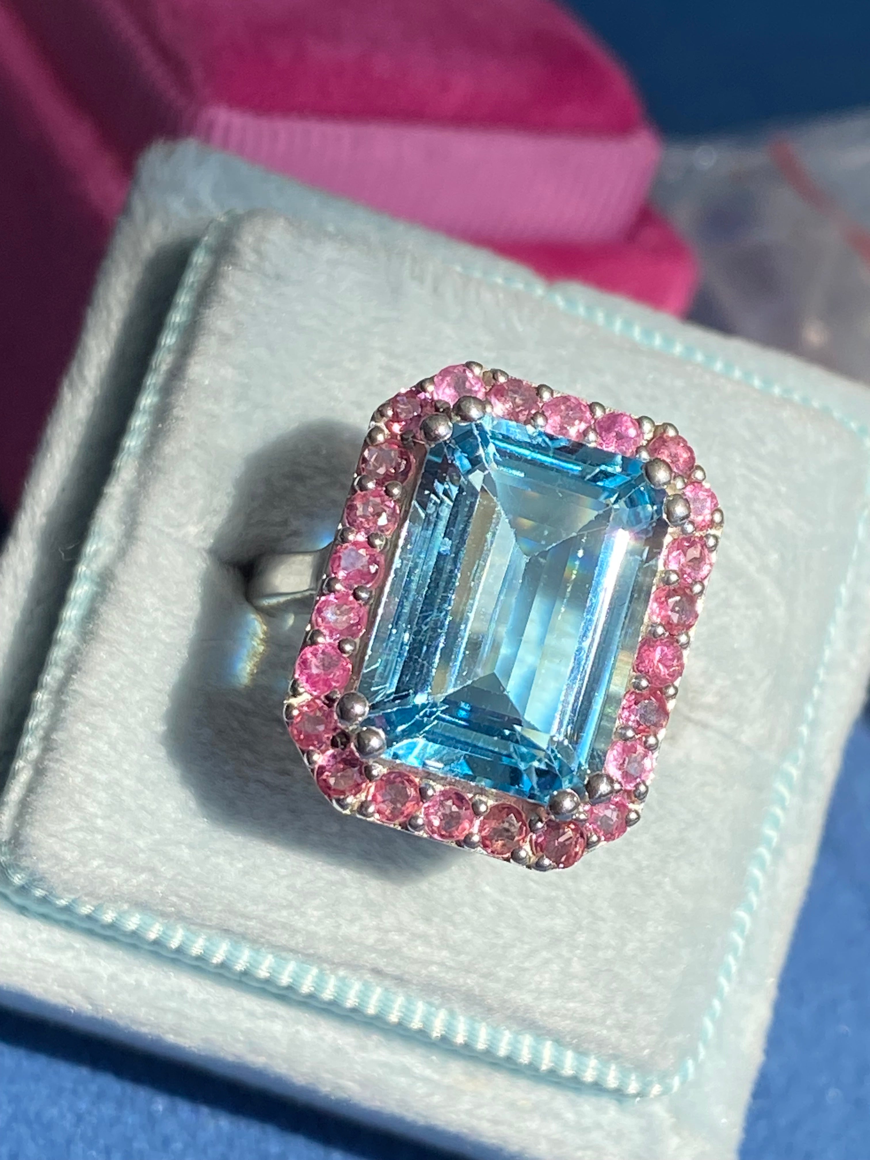 6.50 CTW Blue Topaz and Pink Tourmaline Halo Ring in Sterling Silver