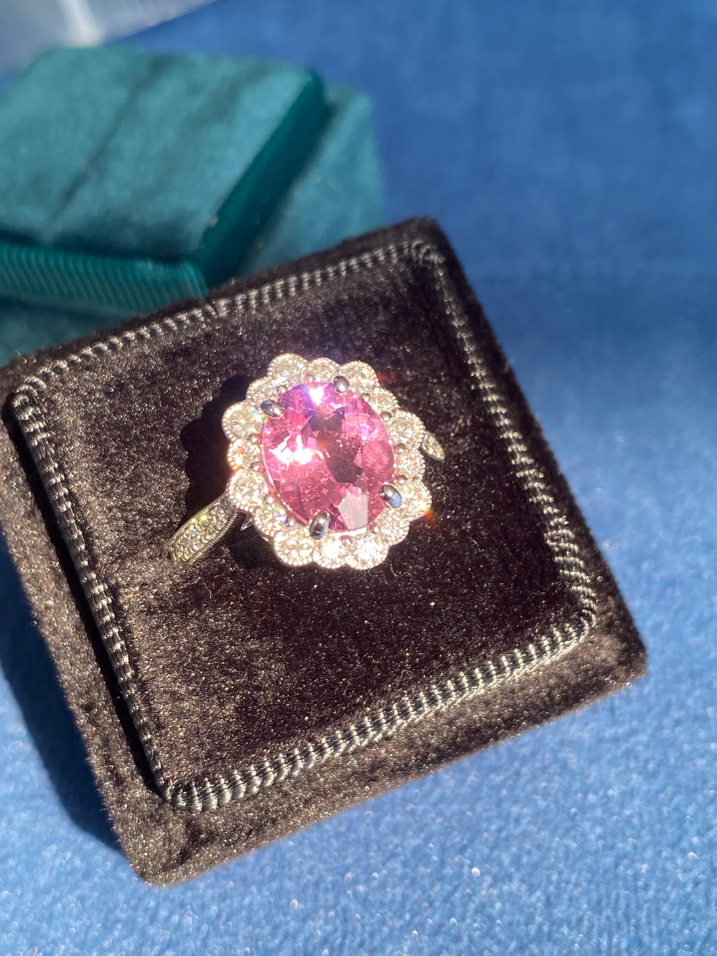 3.01 CTW Pink Tourmaline and Natural Diamond Halo Ring in Platinum