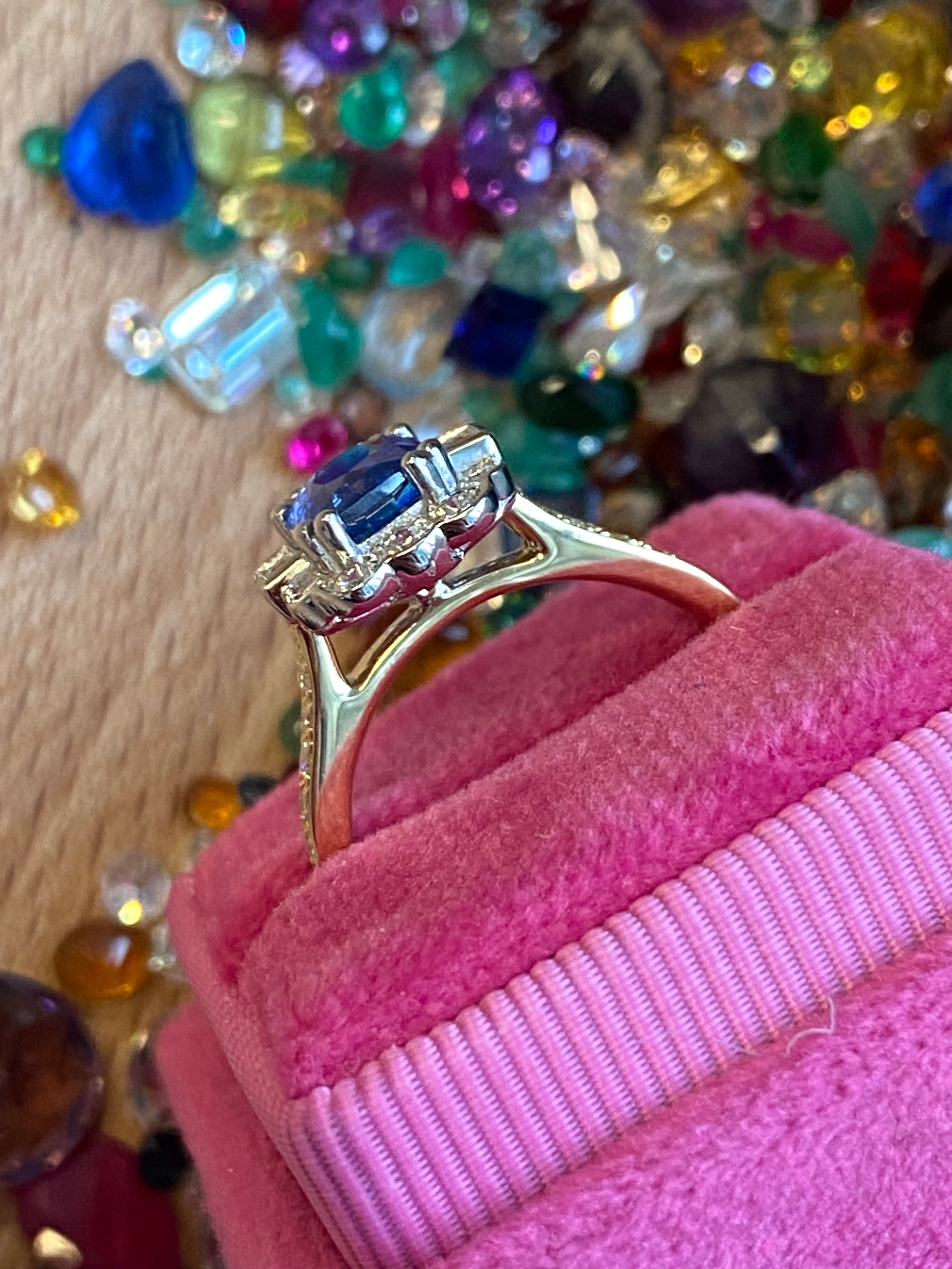 2.11 CTW Cushion Cut Ceylon Sapphire and Natural Diamond Ring in 18ct Yellow Gold