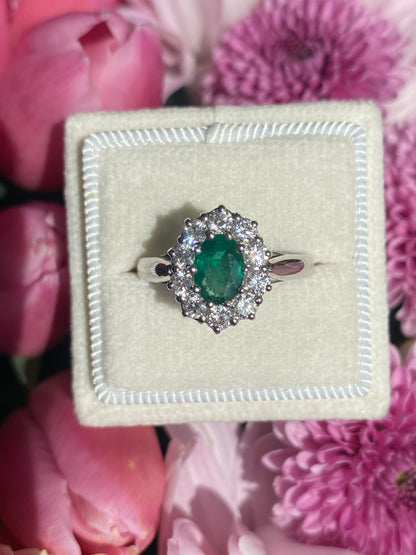 0.60 Carat Emerald and 0.66 ctw Natural Diamond Halo Engagement Ring in Platinum