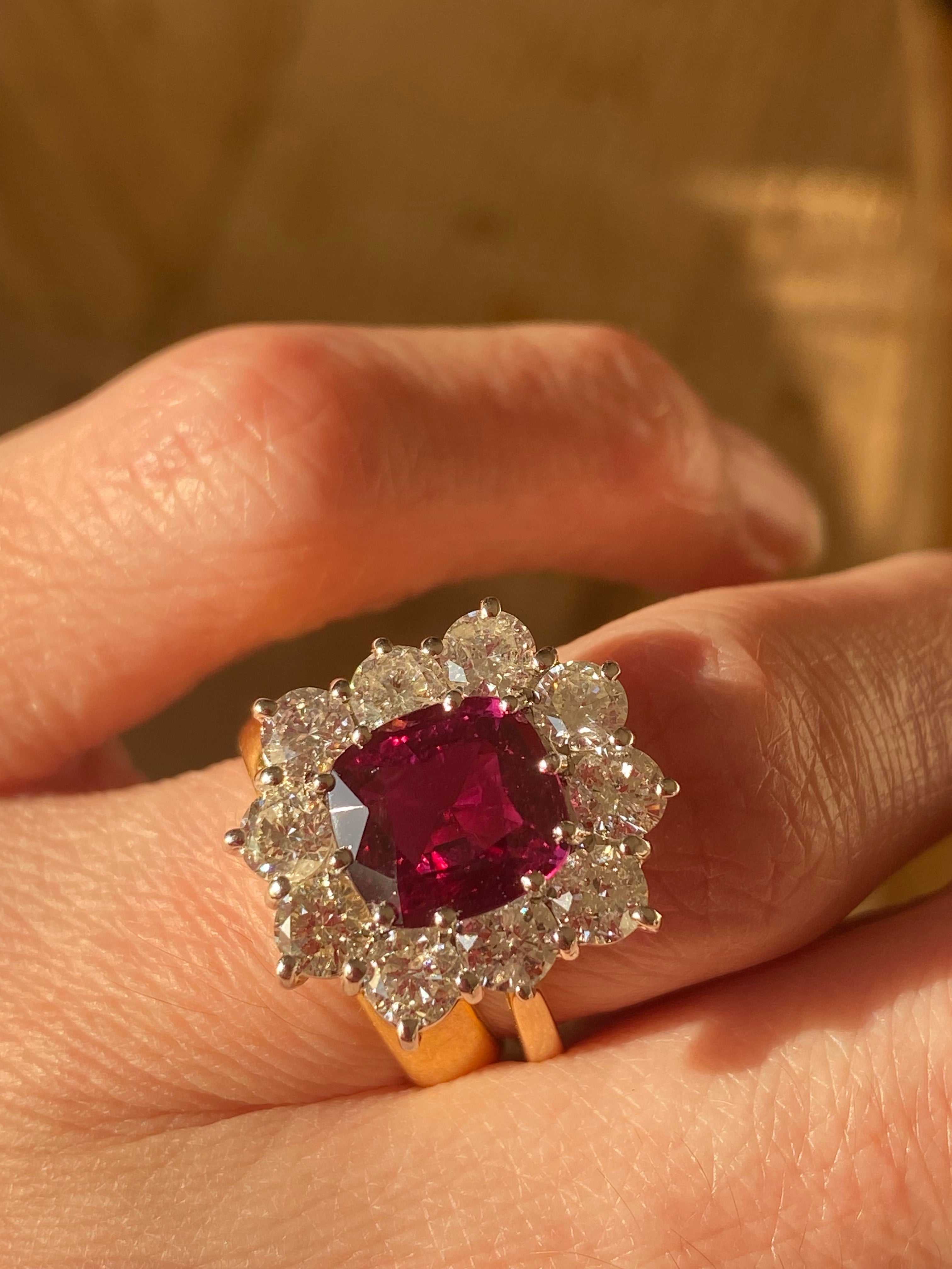 5.04 CTW No Heat Ruby and Natural Diamond Halo Ring in 18ct Yellow Gold
