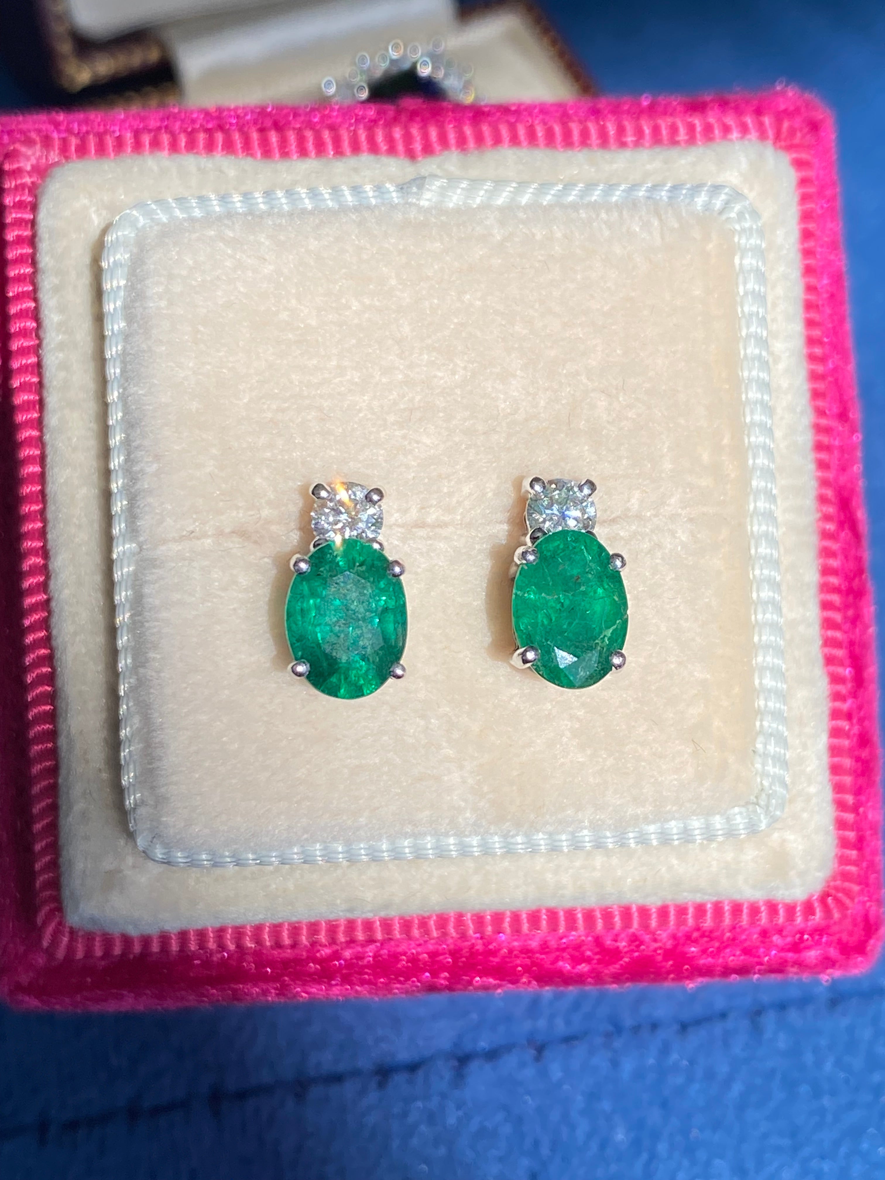 2.17 CTW Emerald and Natural Diamond Stud Earrings in 18ct White Gold