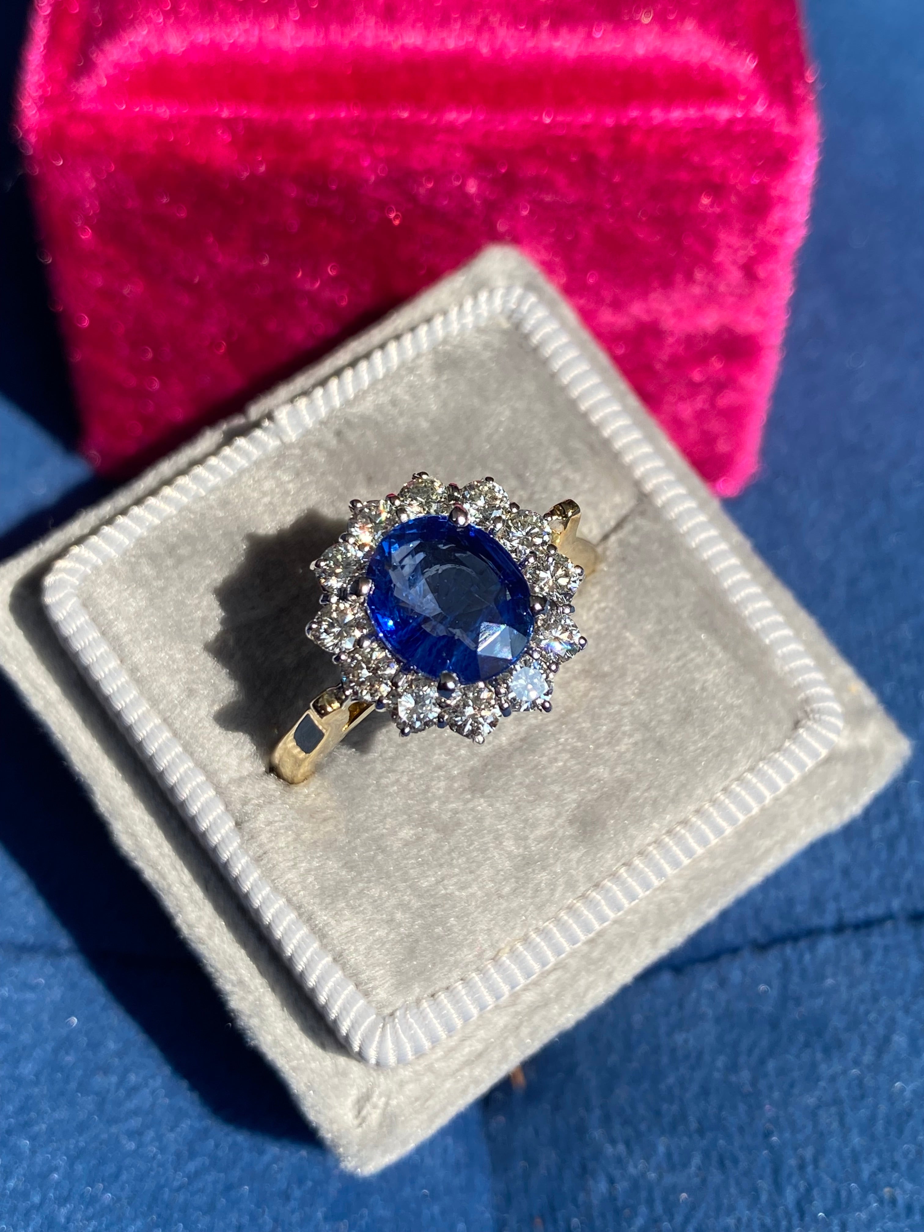 3.31 CTW Ceylon Sapphire and Natural Diamond Halo Ring in 18ct Gold