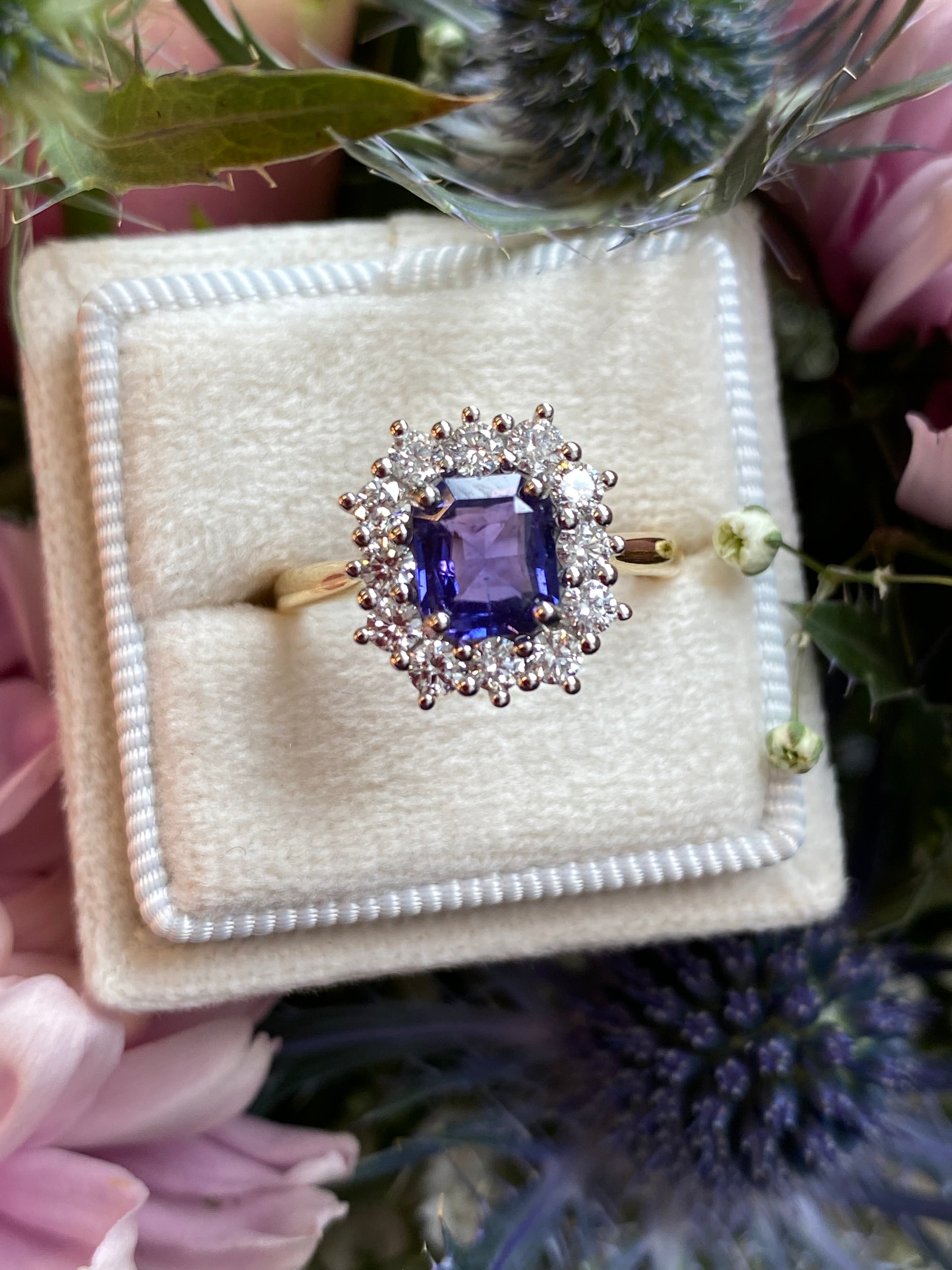 1.31 Carat Purple Sapphire and 0.60ctw Natural Diamond Halo Ring in Platinum and 18ct Gold