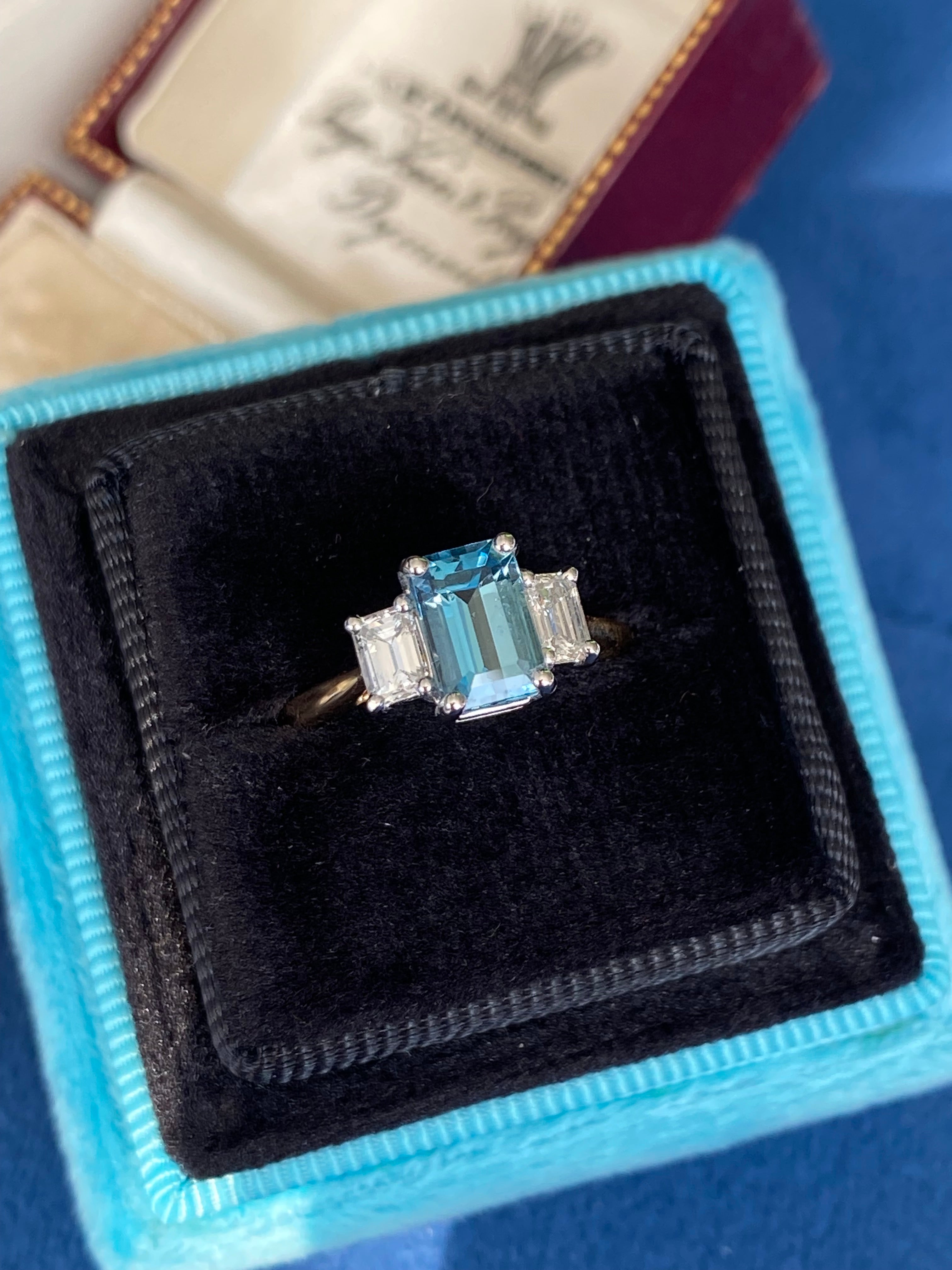 1.73 CTW Aquamarine and Natural Diamond Three Stone Ring in Platinum and 18ct Yellow Gold