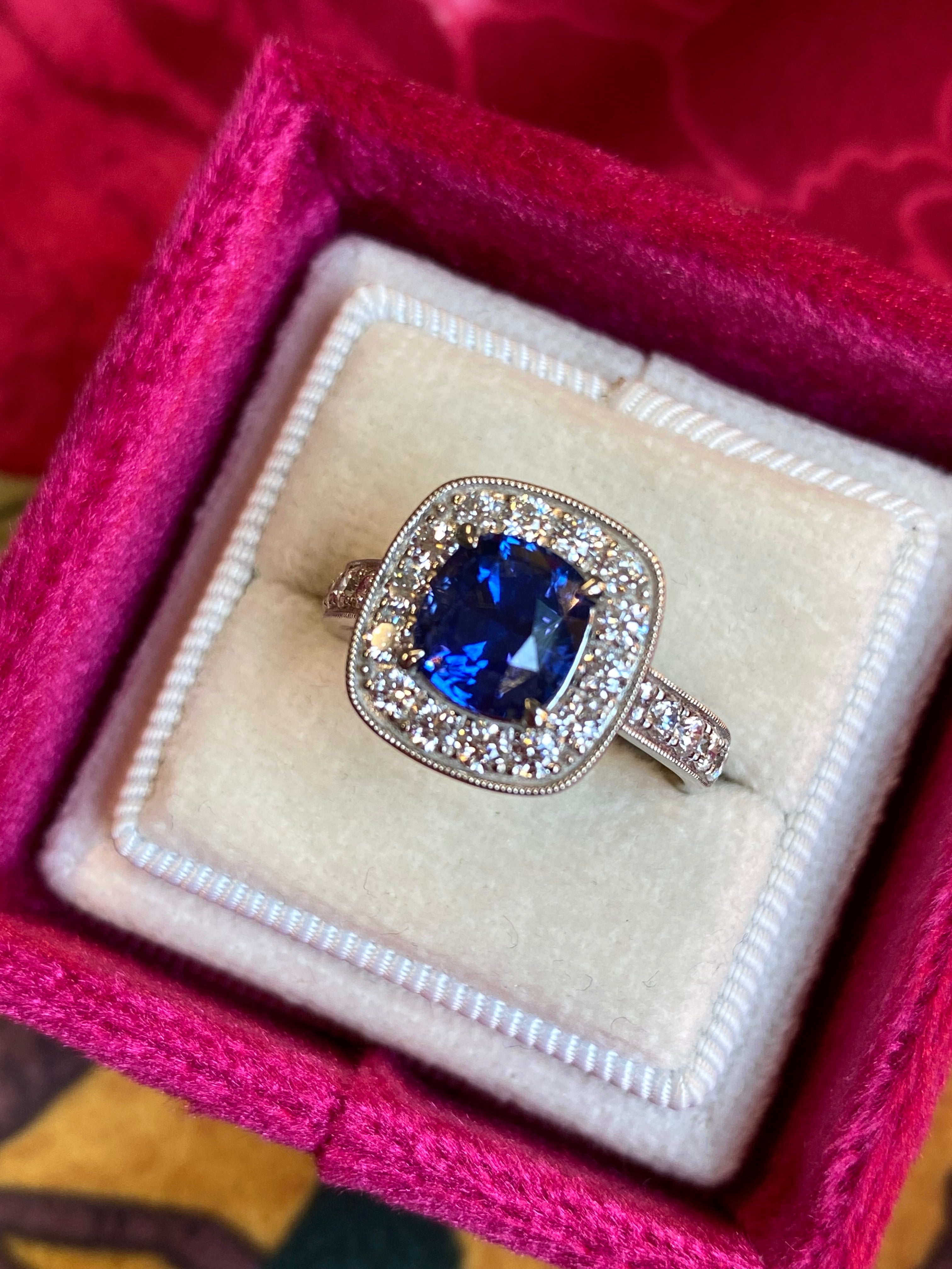 2.24 Carat Blue Ceylon Sapphire and Natural Diamond Halo Ring in Platinum
