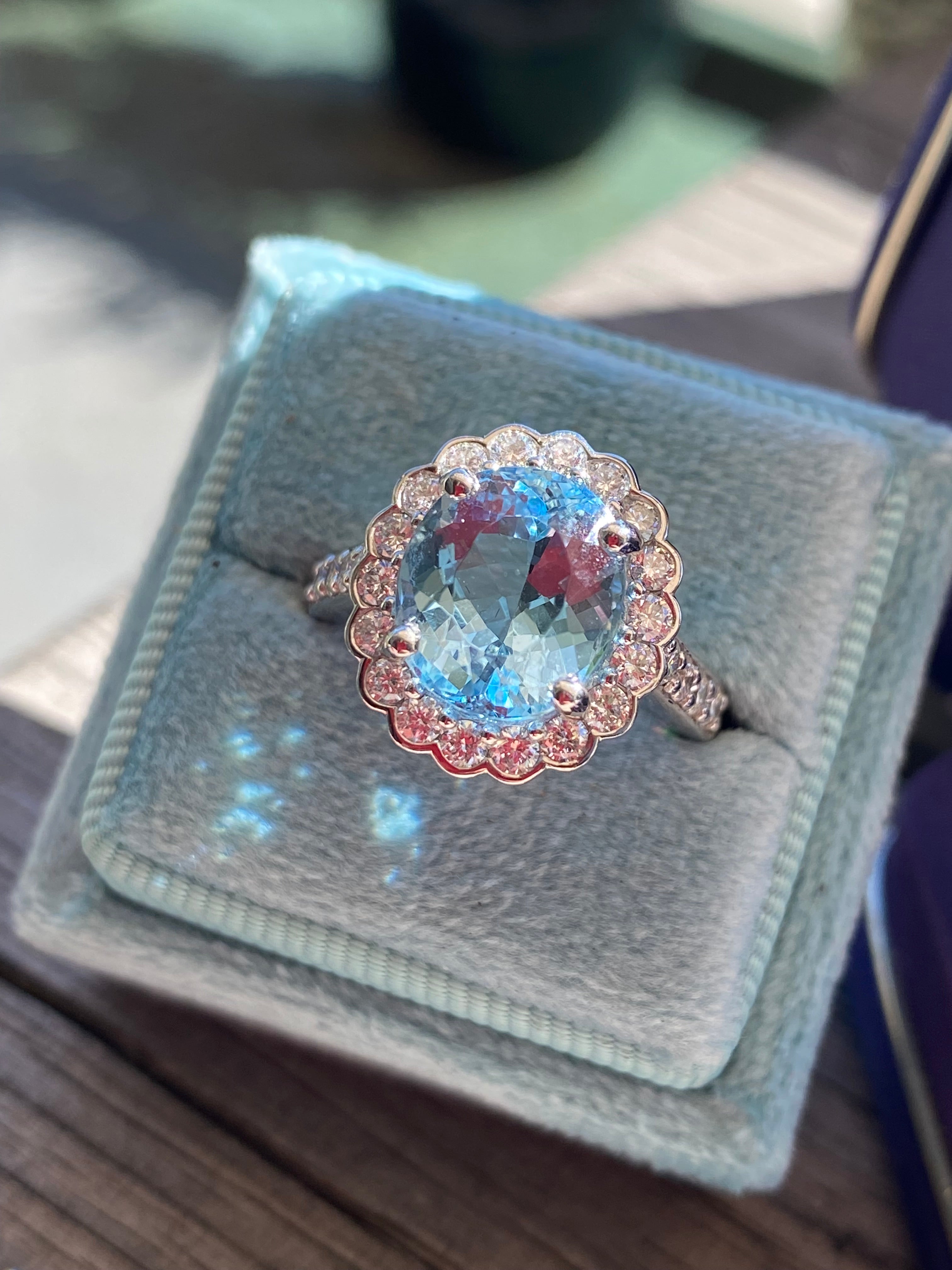 4.53 CTW Oval Cut Aquamarine and Natural Diamond Halo Engagement Ring in Platinum