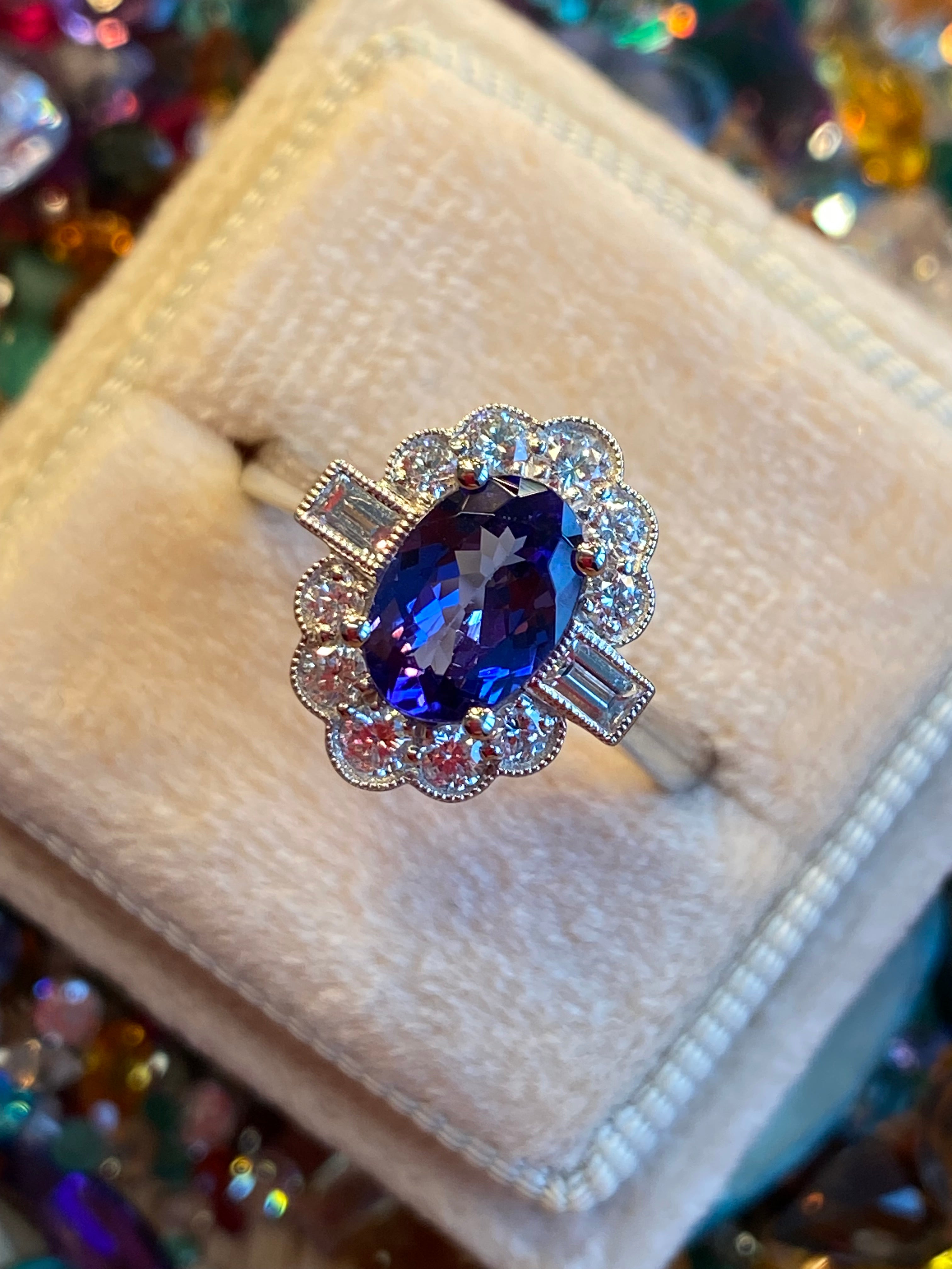 1.86 CTW Tanzanite and Natural Diamond Art Deco Style Ring in Platinum