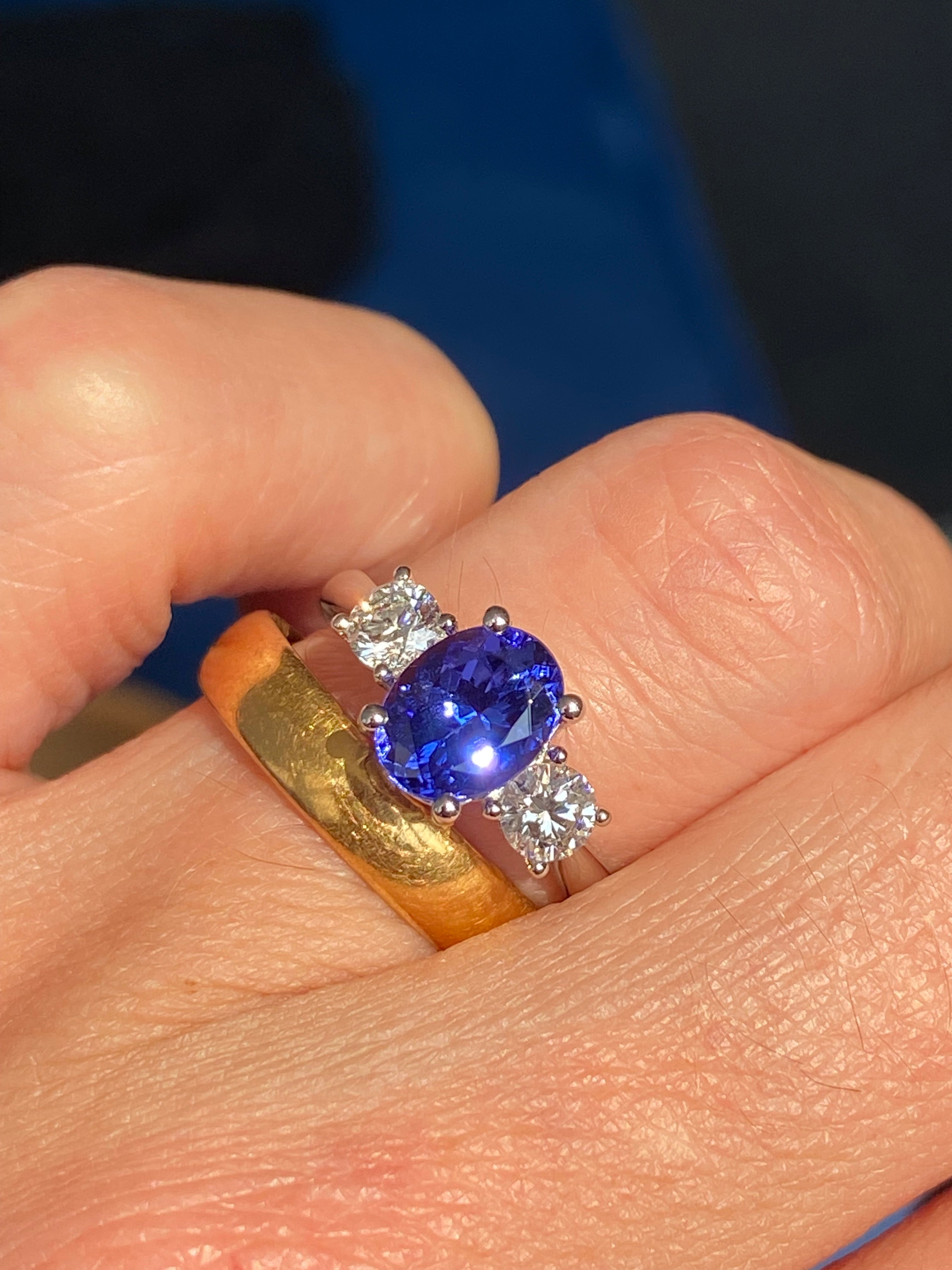 2.08 CTW Tanzanite and Natural Diamond Three Stone Ring in Platinum