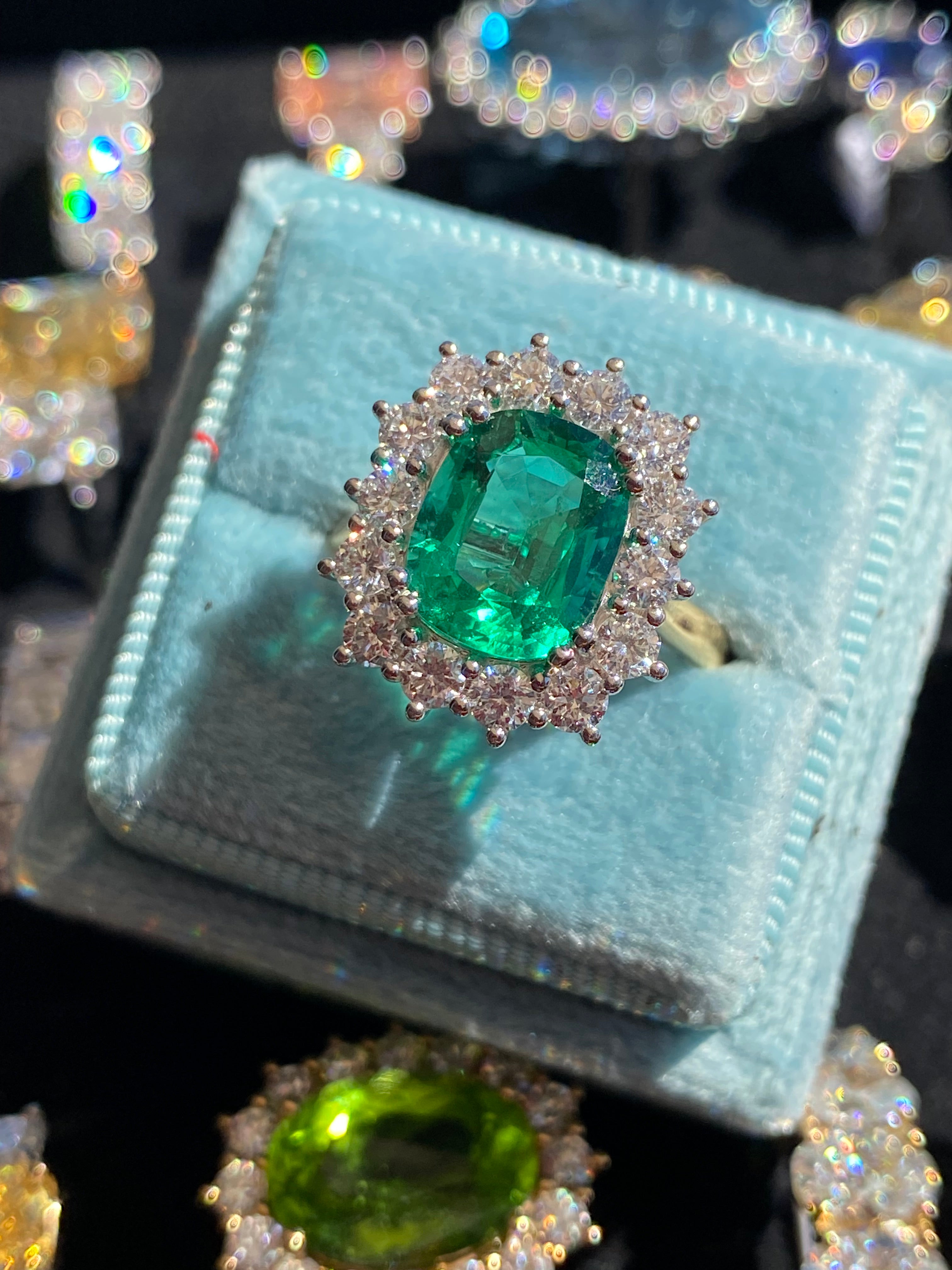 2.58 Carat Cushion Cut GIA Zambian Emerald and 1.07 CTW Natural Diamond Halo Ring in Platinum and 18ct Yellow Gold
