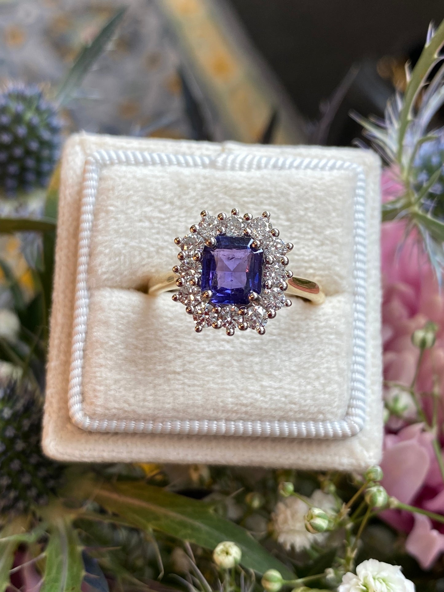 1.31 Carat Purple Sapphire and 0.60ctw Natural Diamond Halo Ring in Platinum and 18ct Gold