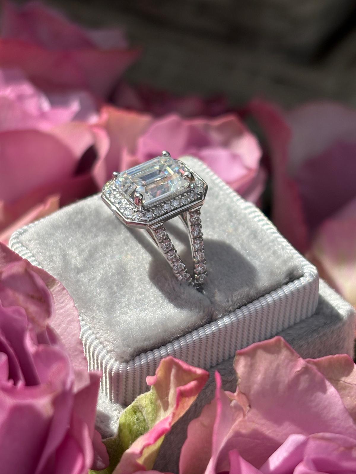 3.10 CTW Emerald Cut Moissanite Halo Ring in Sterling Silver