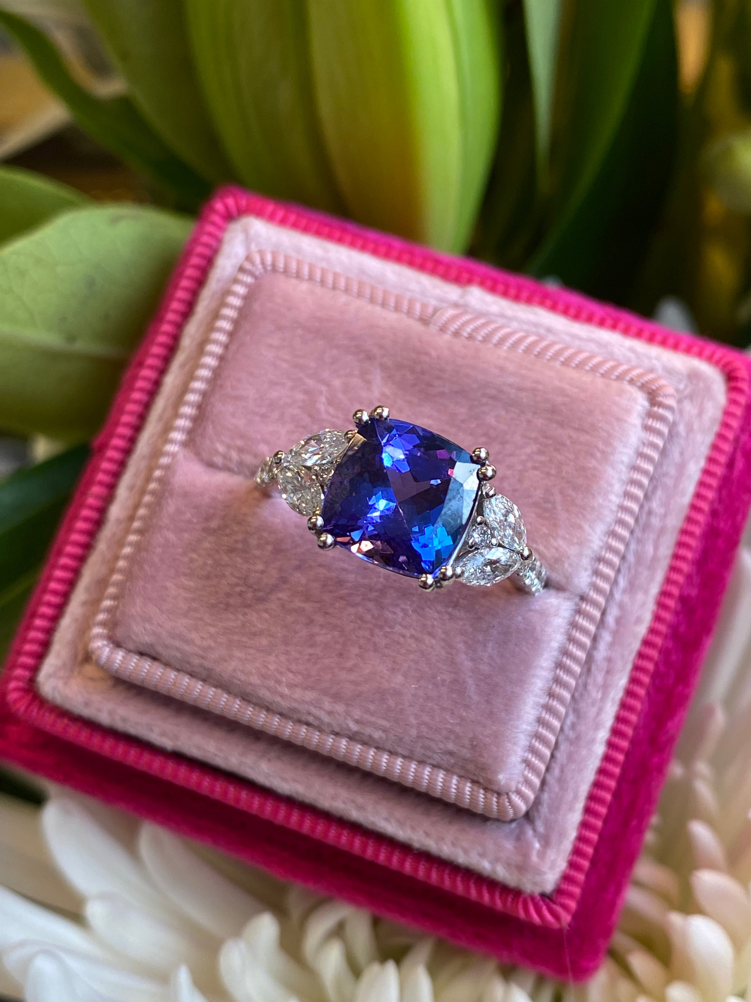 3.76 CTW Cushion Cut Tanzanite and Diamond Ring in Platinum