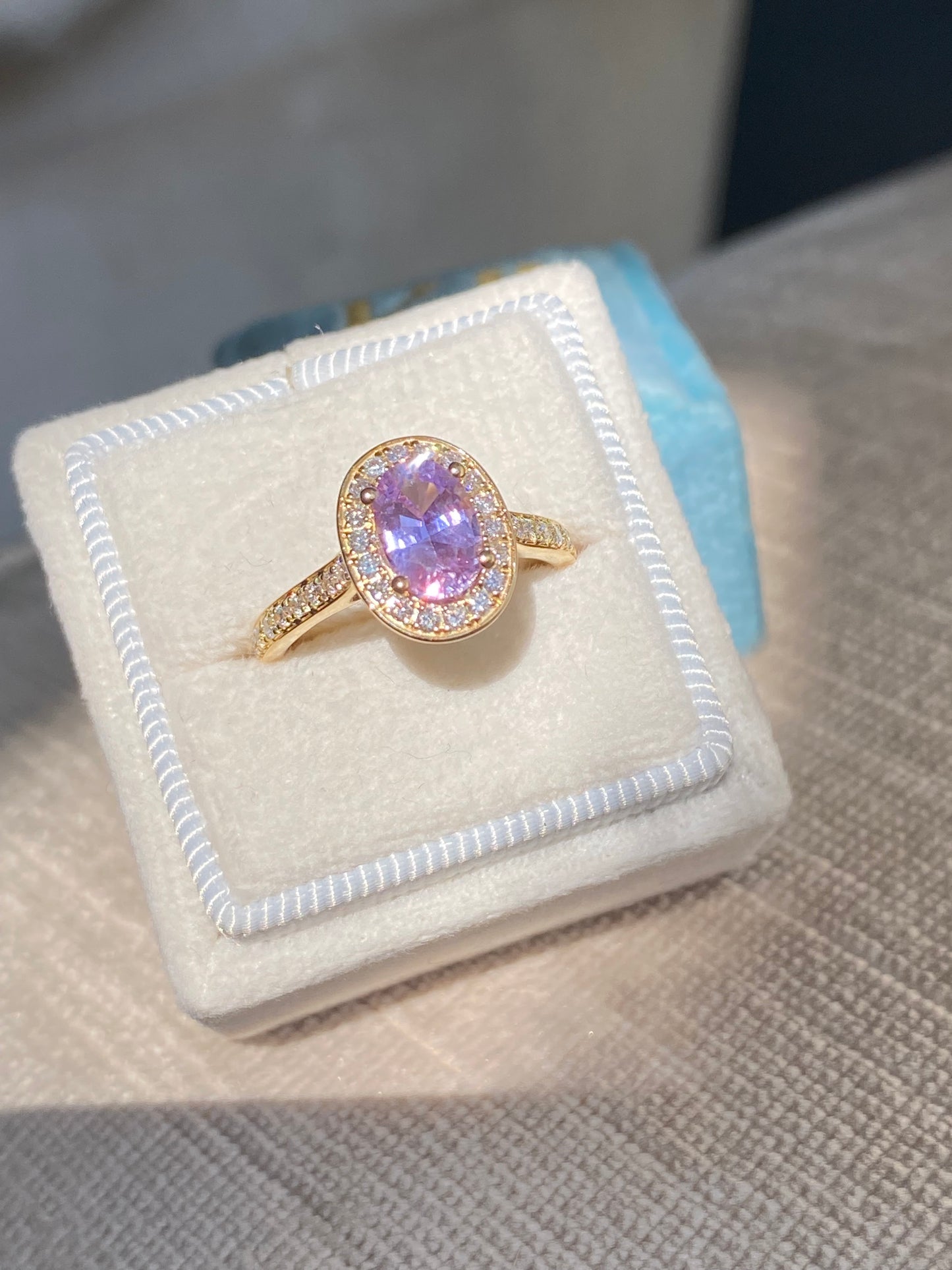1.37 Carat Lilac Sapphire and Natural Diamond Engagement Ring in 18ct Yellow Gold