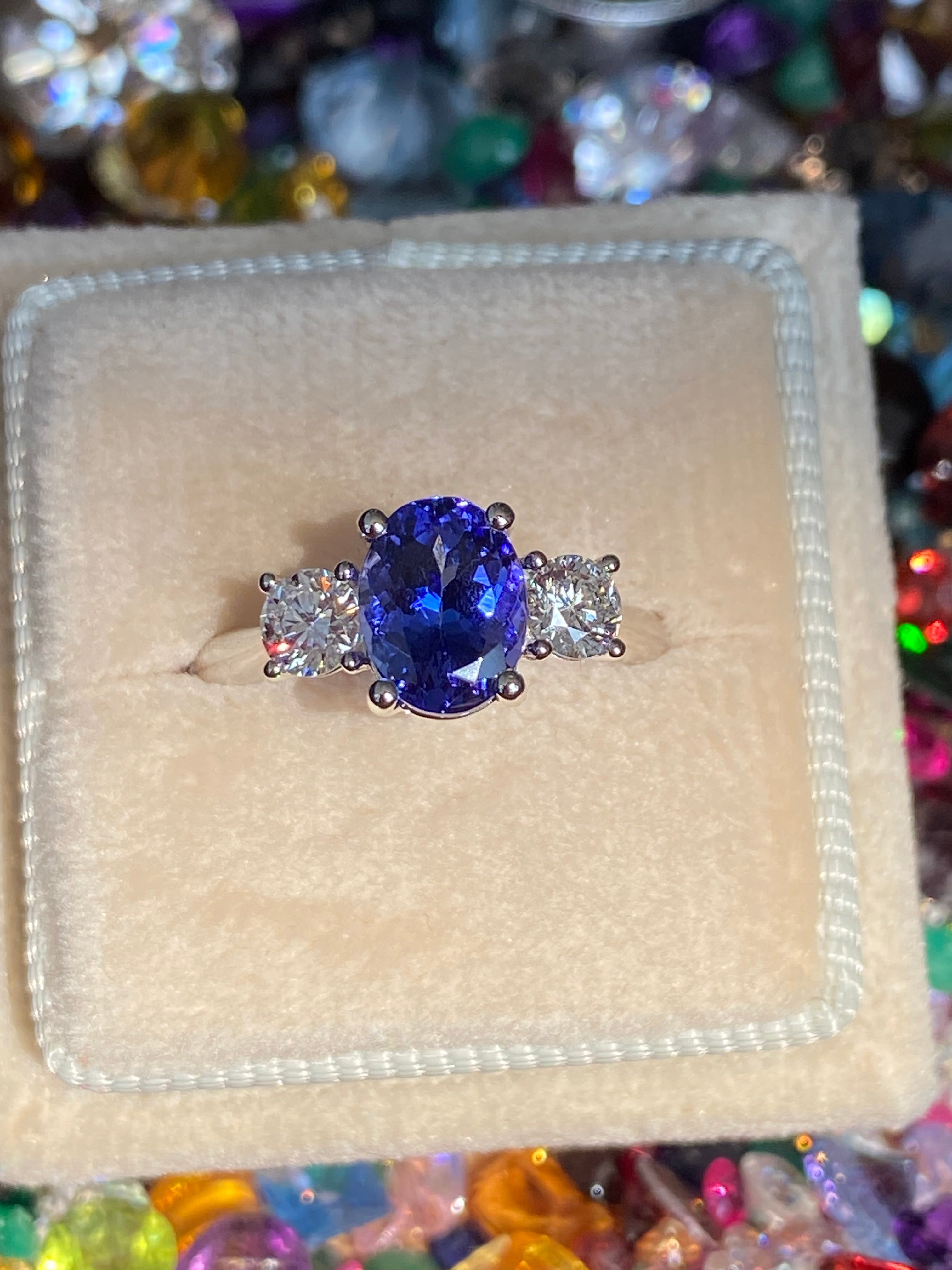 2.08 CTW Tanzanite and Natural Diamond Three Stone Ring in Platinum