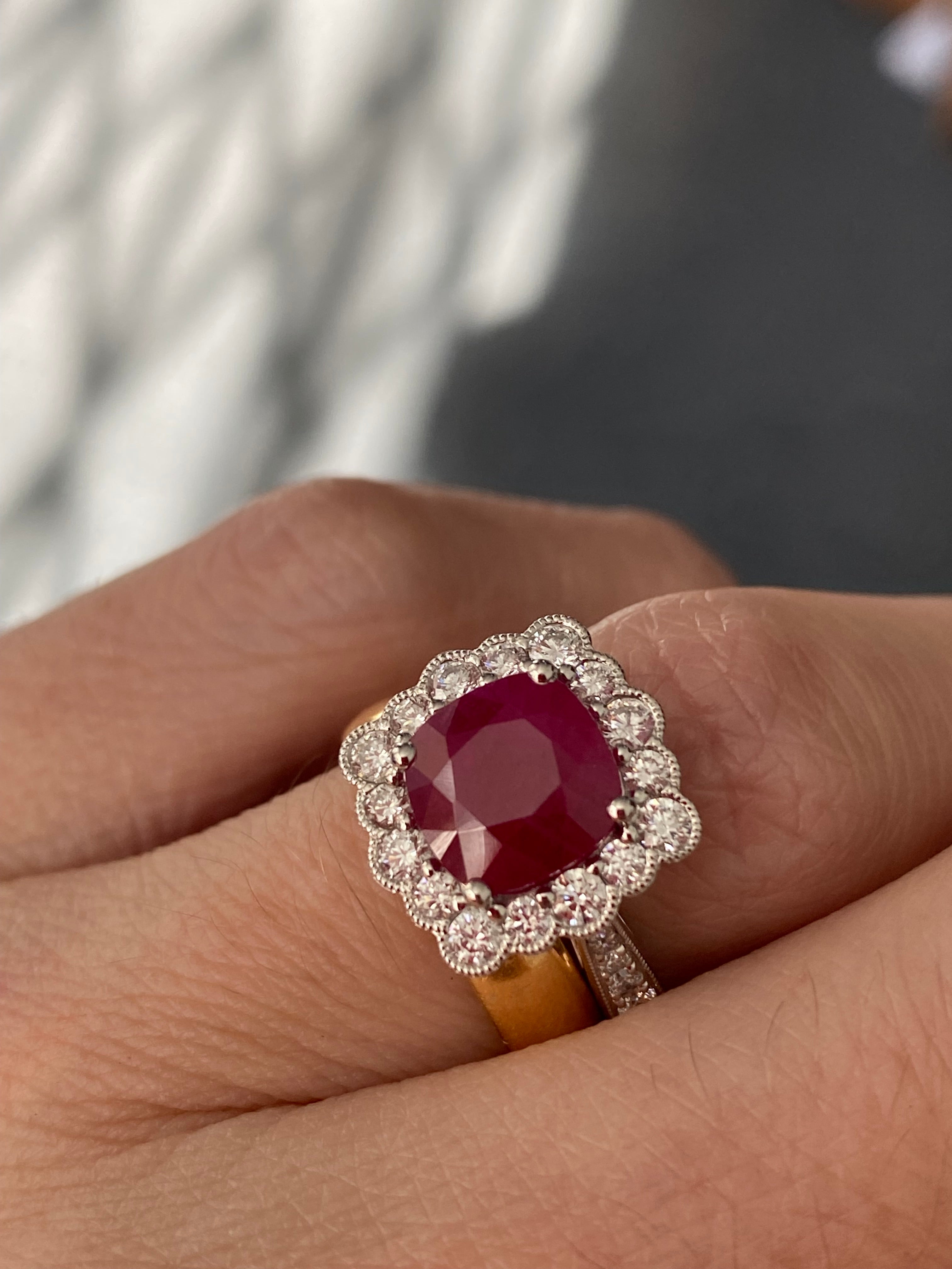 3.29 Carat Cushion-Cut Ruby and 0.78 ctw Natural Diamond Halo Ring in Platinum