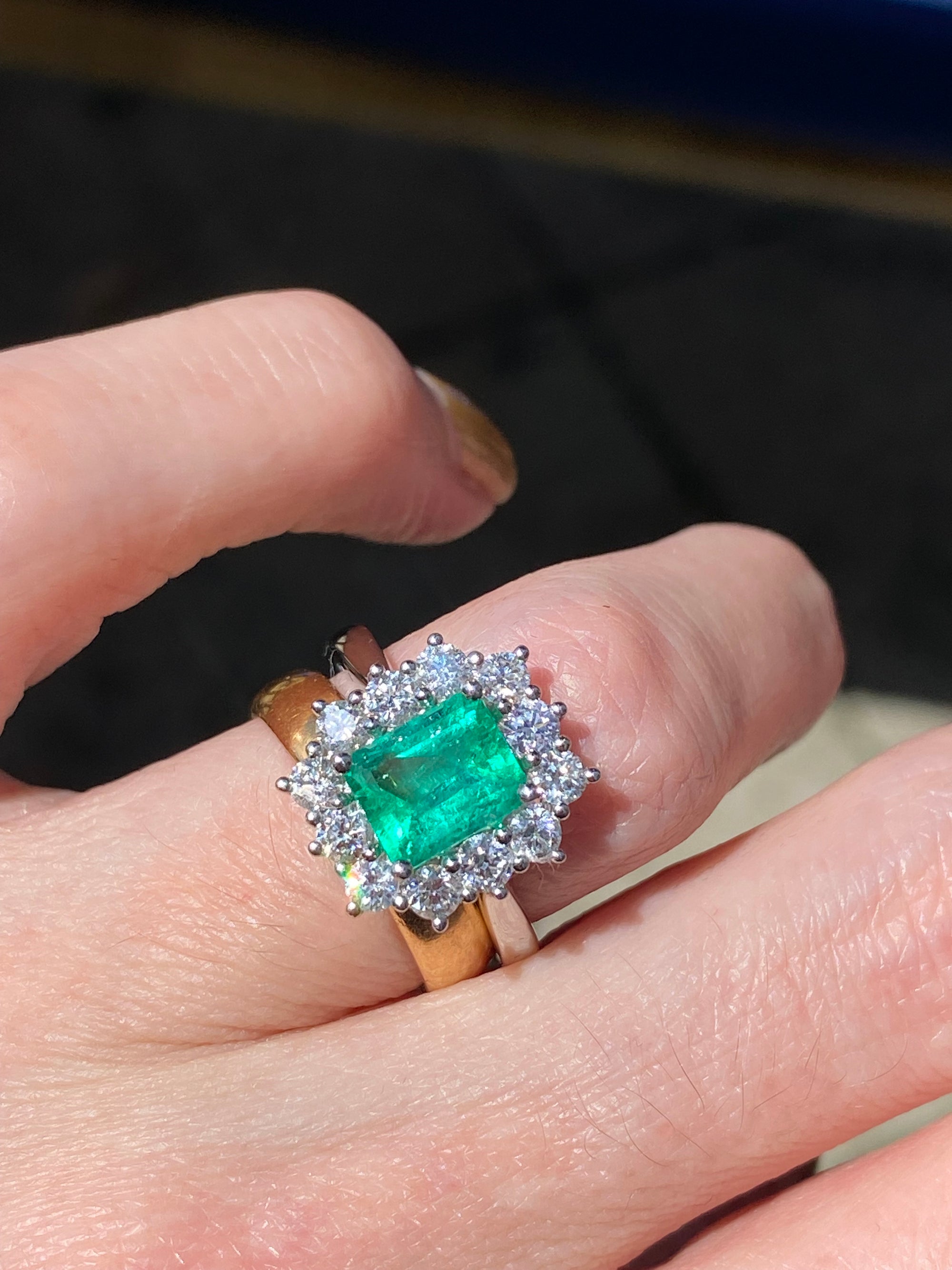 2.34 CTW Emerald Cut Colombian Emerald and Natural Diamond Halo Ring in Platinum