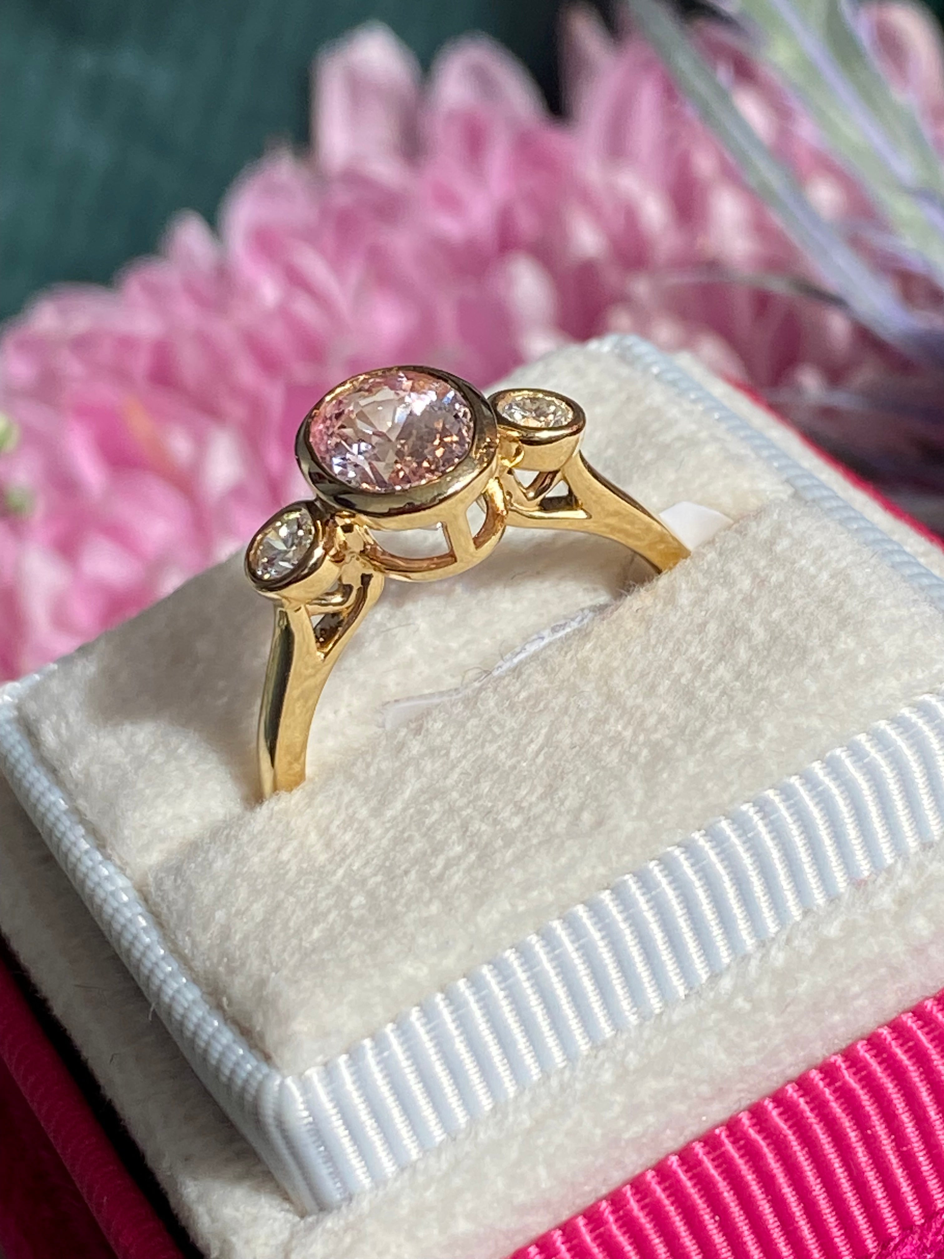 2.02 CTW Peach Sapphire and Natural Diamond Three Stone Ring in 18ct Yellow Gold