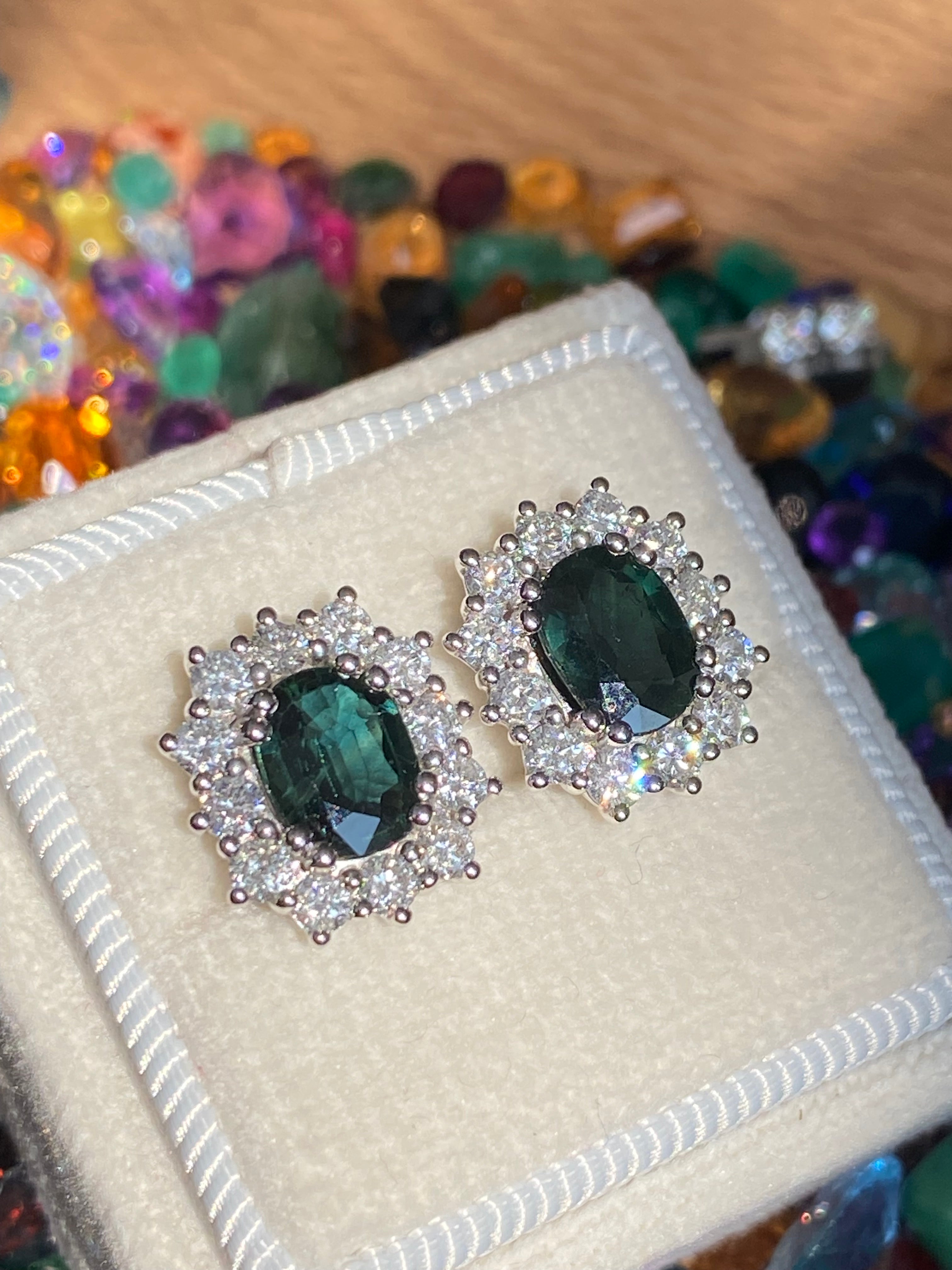 3.77 CTW Teal Sapphire and Natural Diamond Halo Stud Earrings in 18ct White Gold