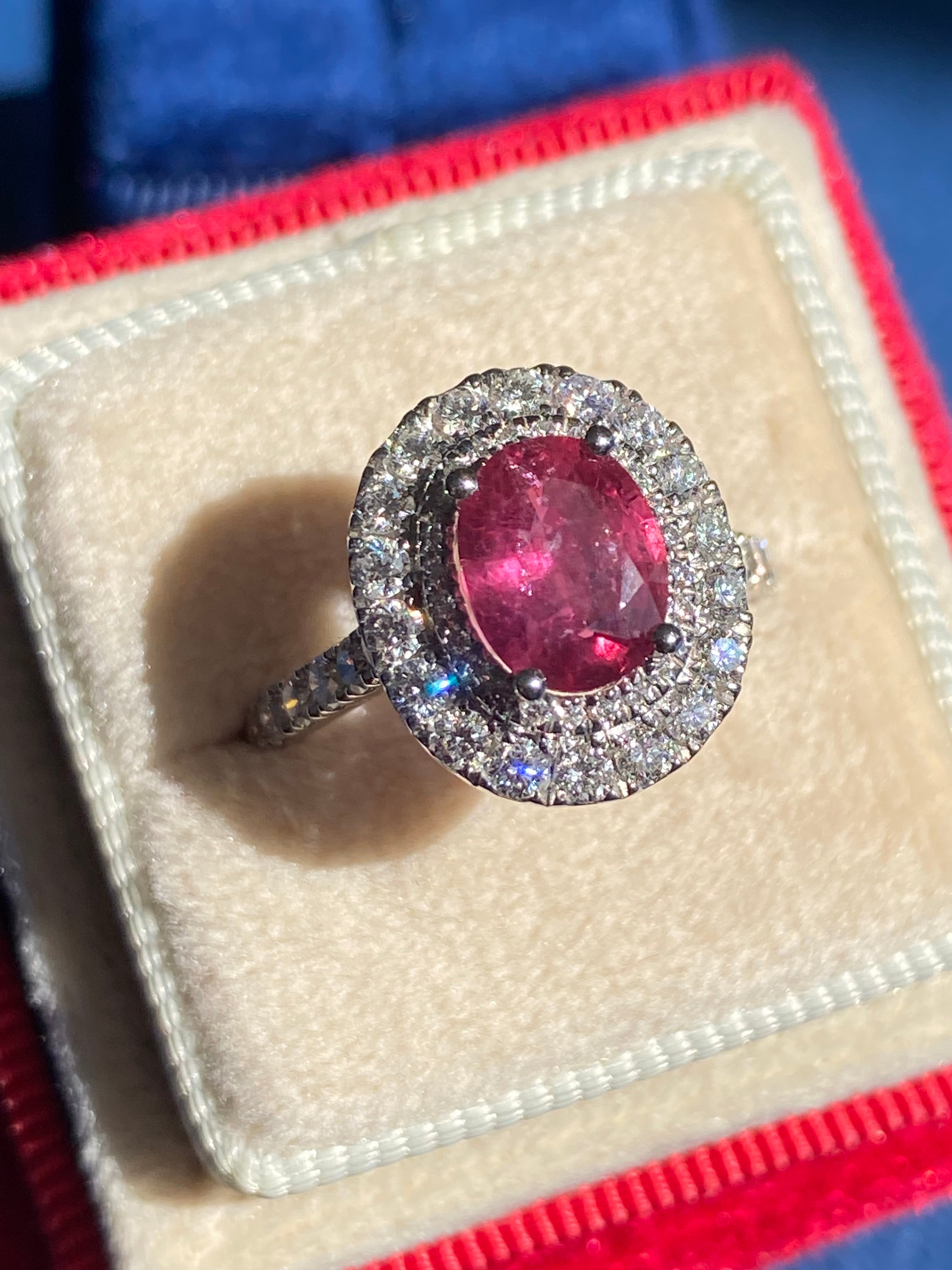 2.56 CTW Oval-Cut Ruby and Natural Diamond Double Halo Ring in Platinum