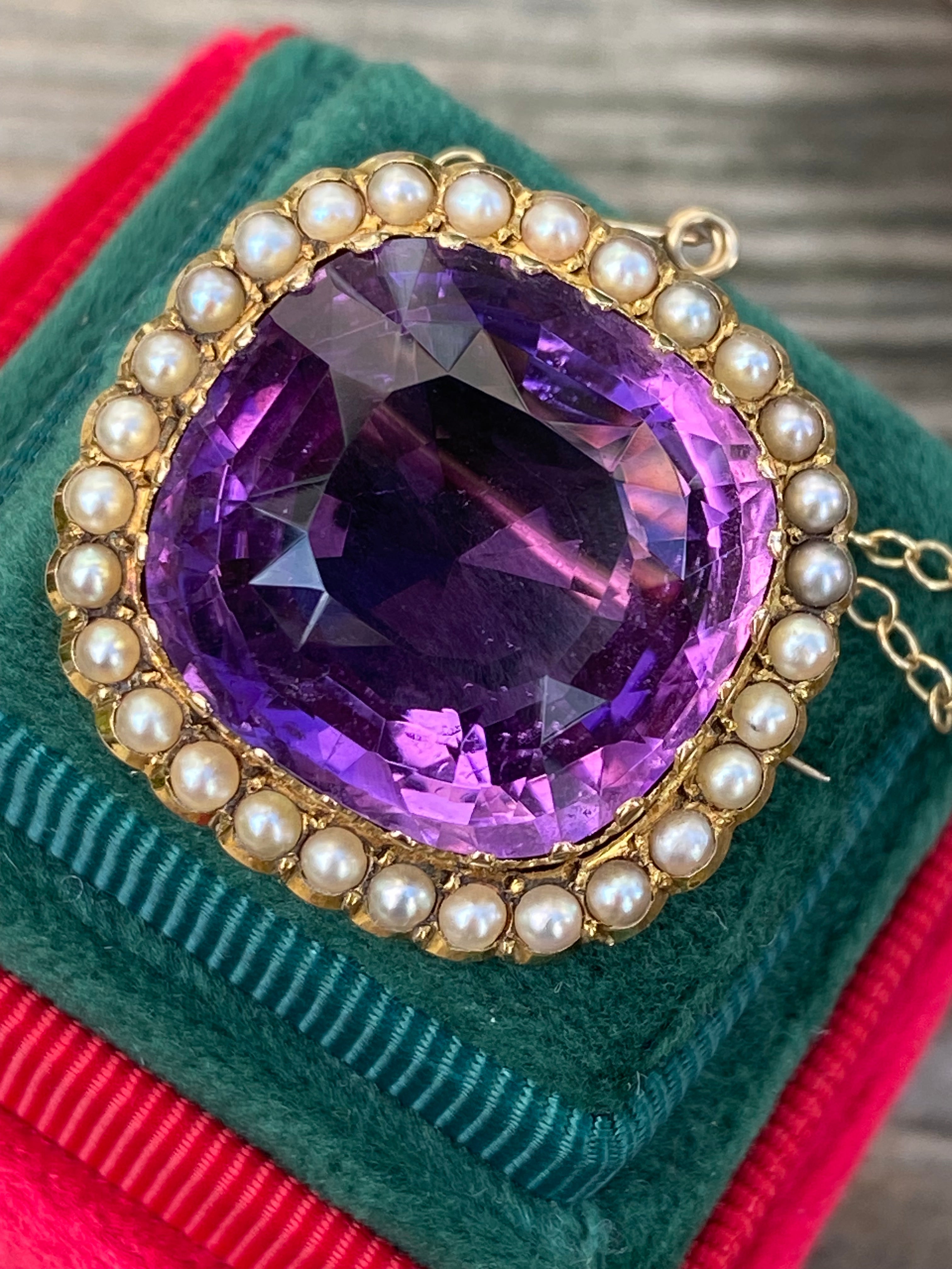 Antique 30.00ct Amethyst and Seed Pearl Brooch in 18ct Yellow Gold