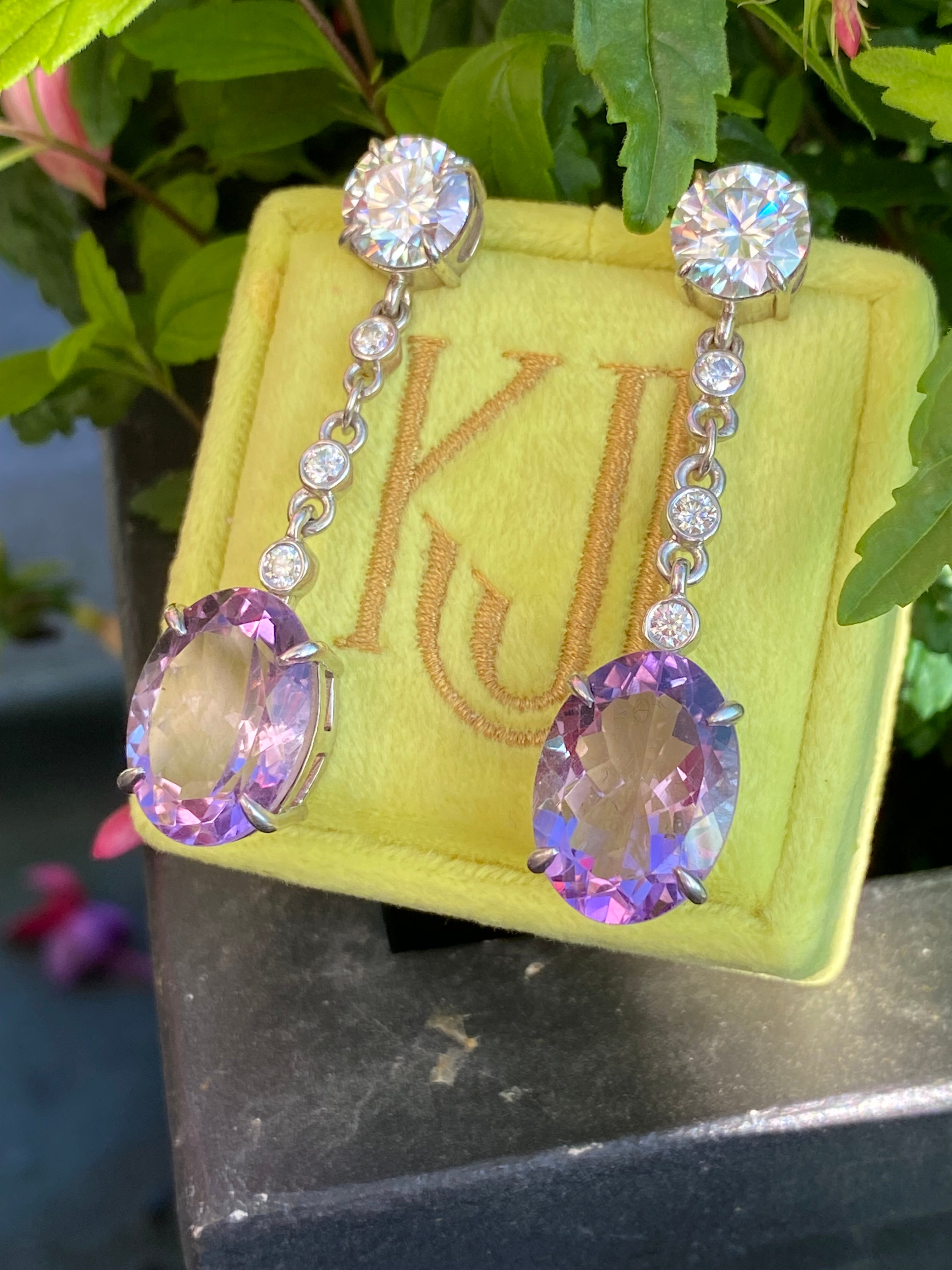28.00 Carat Oval Cut Rose de France Amethyst and Moissanite Earrings in Sterling Silver