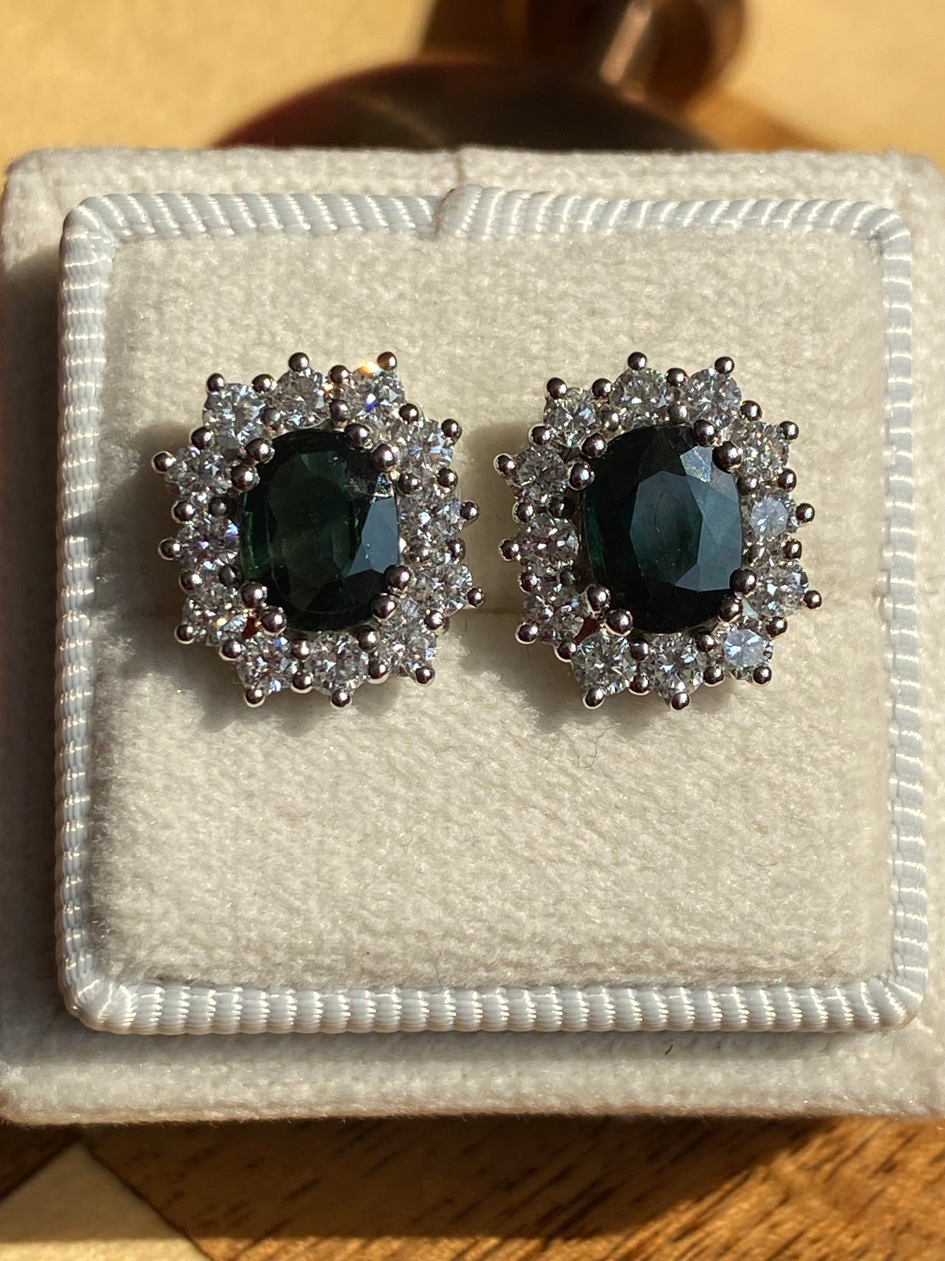 3.77 CTW Teal Sapphire and Natural Diamond Halo Stud Earrings in 18ct White Gold