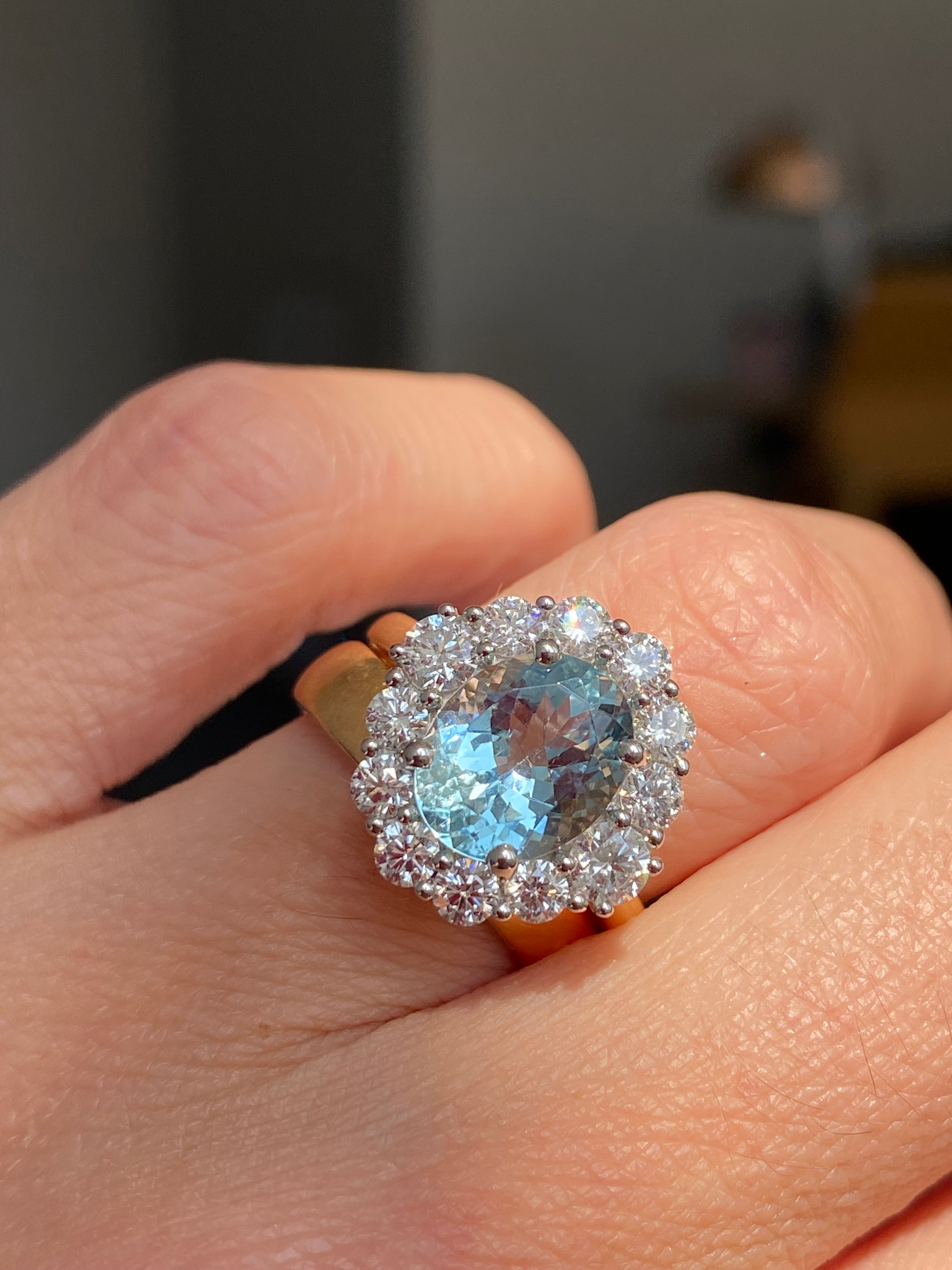3.53 CTW Aquamarine and Natural Diamond Halo Ring in Platinum and 18ct Yellow Gold