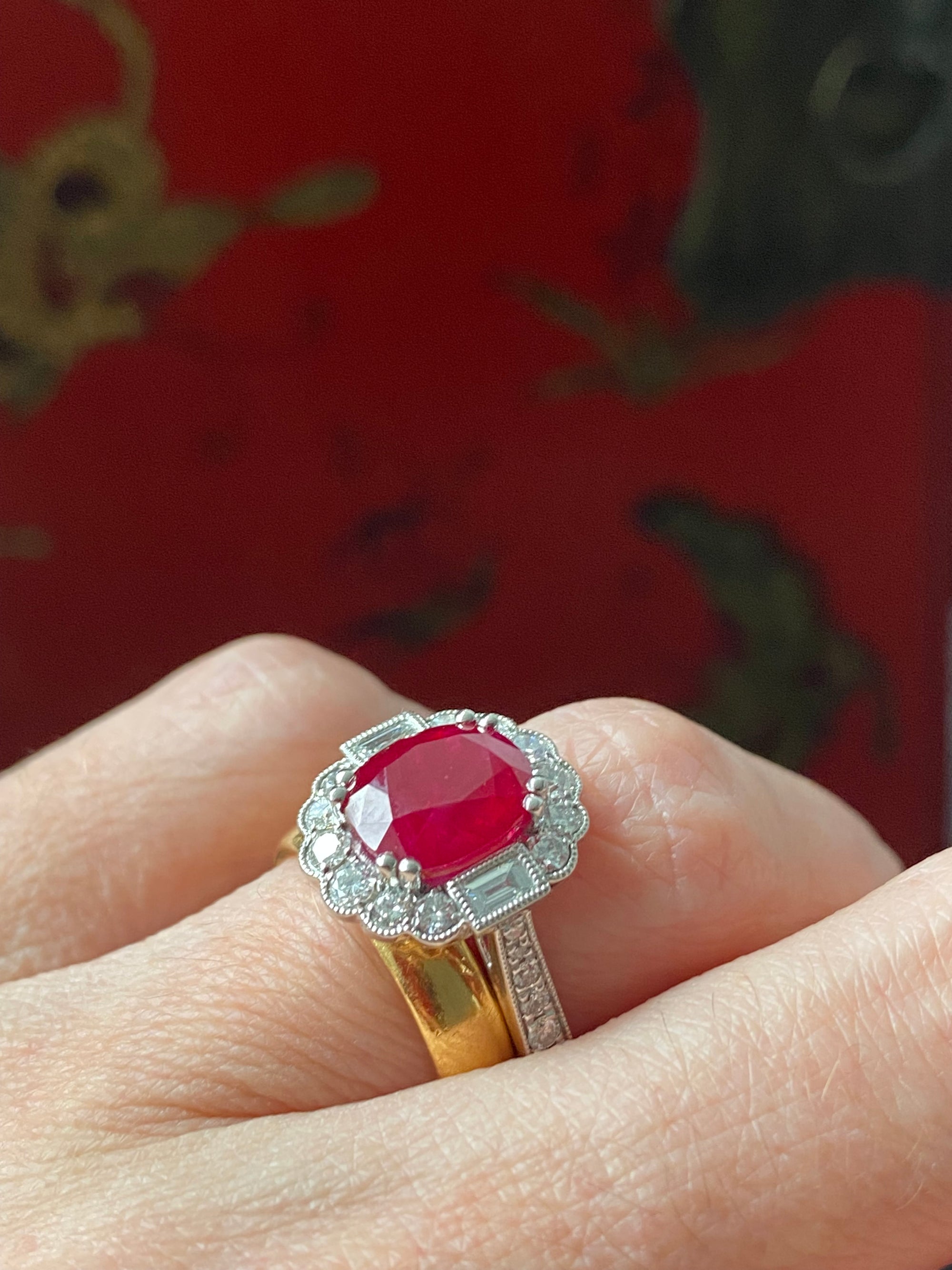 3.54 Carat Oval-Cut Ruby and 0.77 ctw Natural Diamond Halo Ring in Platinum