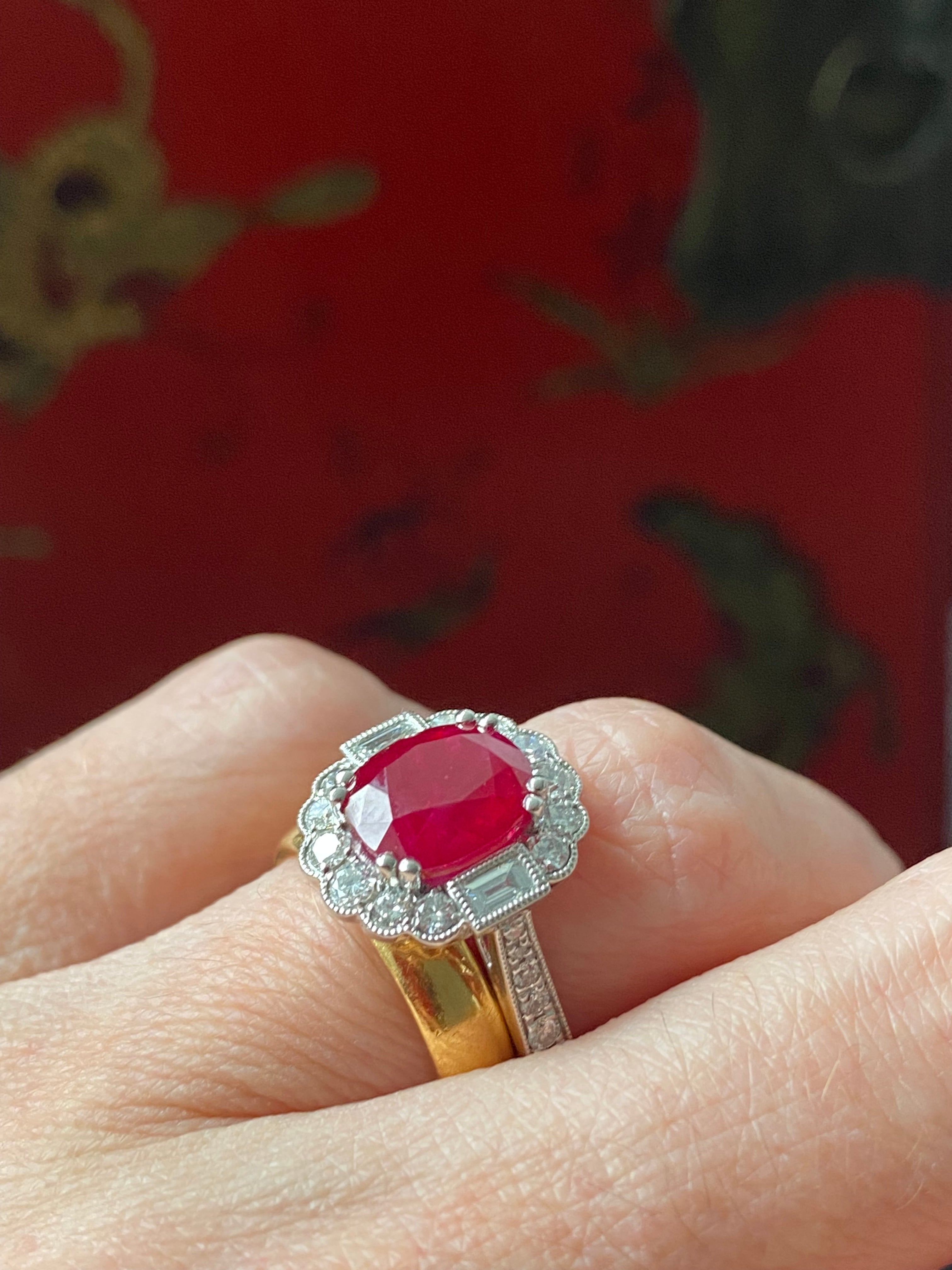3.54 Carat Oval-Cut Ruby and 0.77 ctw Natural Diamond Halo Ring in Platinum