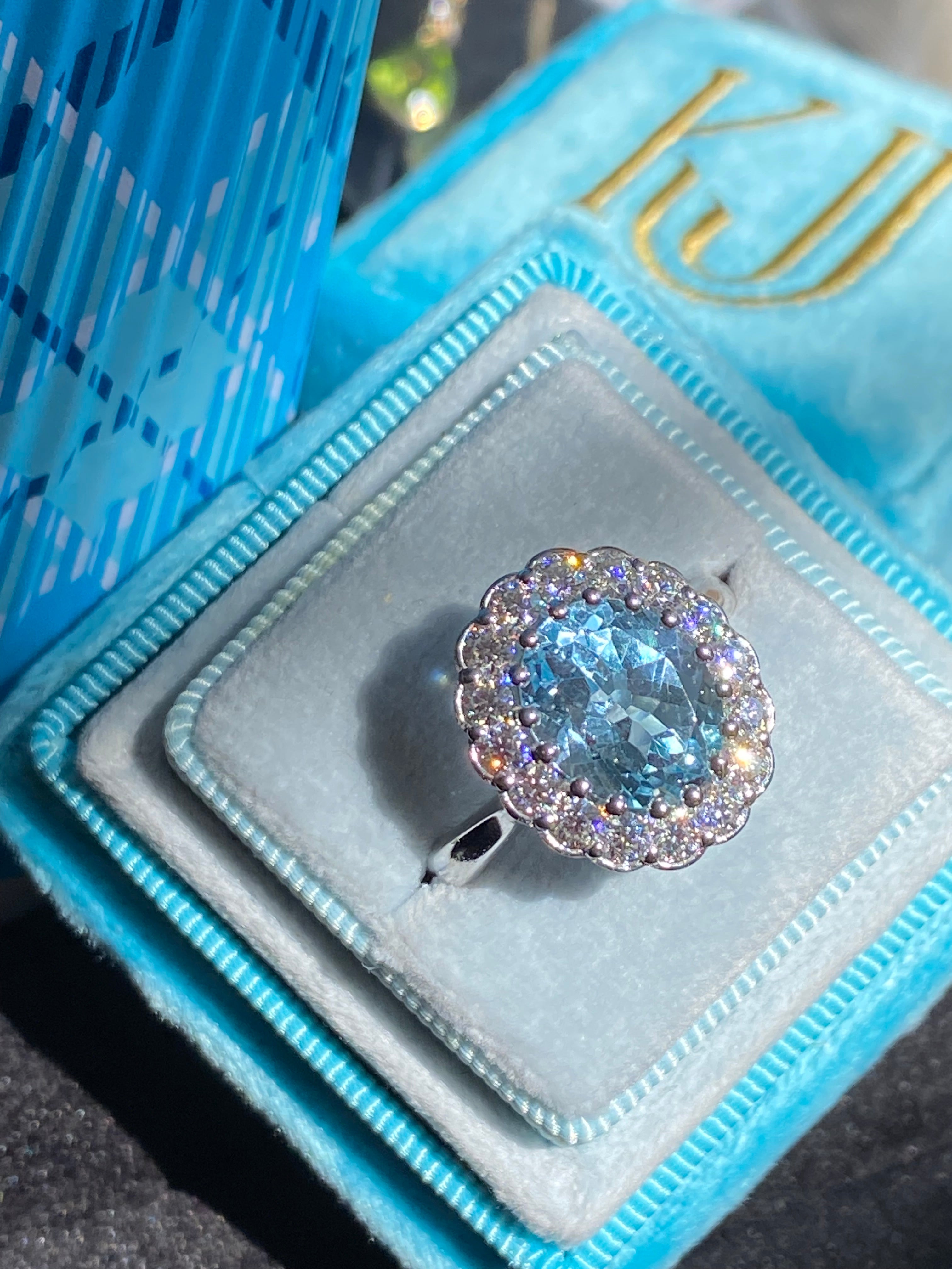 5.50 CTW Oval Cut Blue Topaz and Moissanite Halo Cocktail Ring