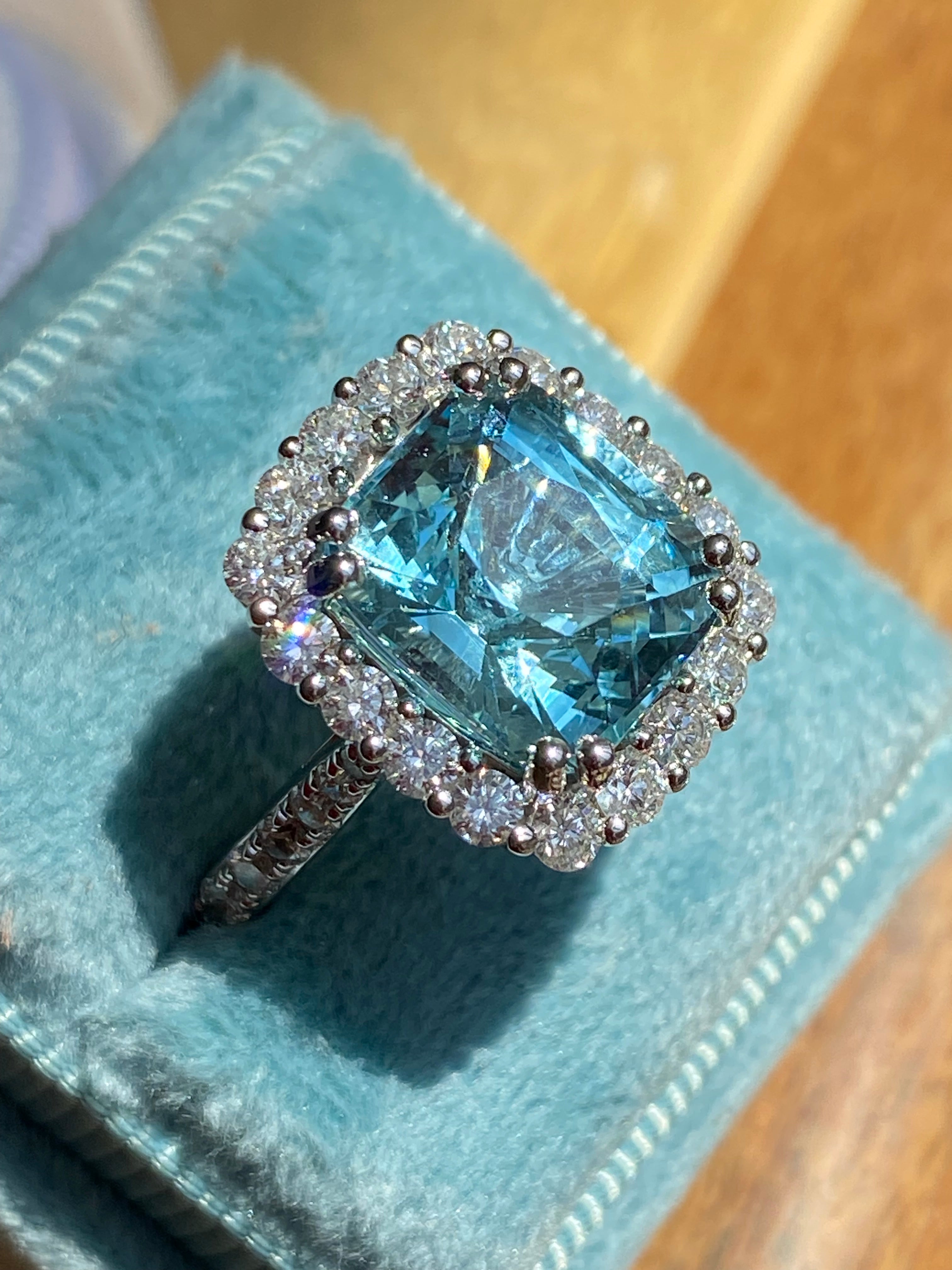 5.69 CTW Cushion Cut Aquamarine and Diamond Engagement Ring in Platinum